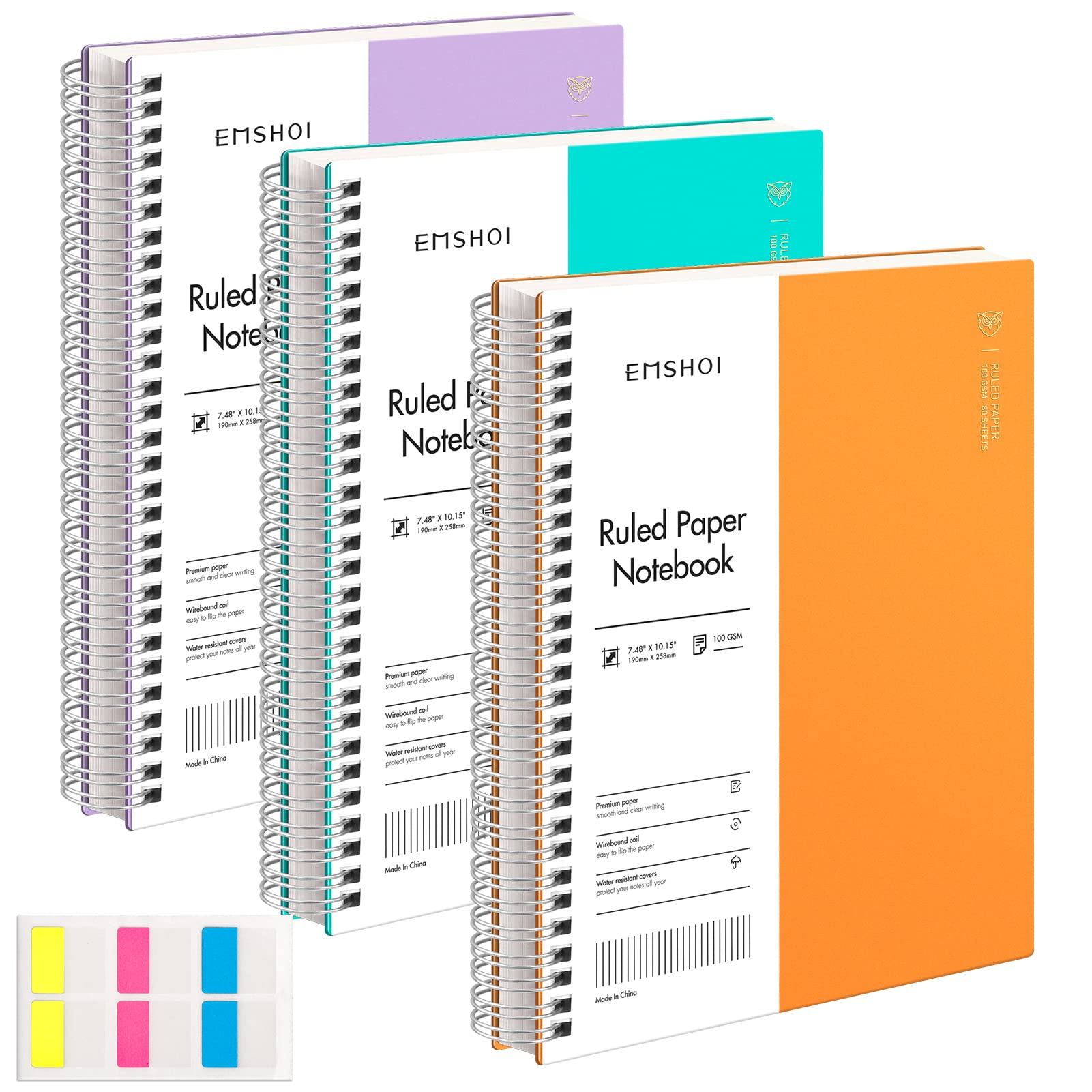 EMSHOI Spiral Notebook College Ruled, 3 Pack 7.48" x 10.15" B5 Large Composition Notebooks, 480 Pages 100gsm Thick Lined Journal, with Sticky Notes, Plastic Hardcover, Purple, Orange, LightBlue