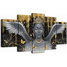 OuElegent African Woman Wall Art Black Queen Pictures Black Angels Paintings Black and Gold Canvas Prints for Living Room Bedroom Decor Framed Ready to Hang