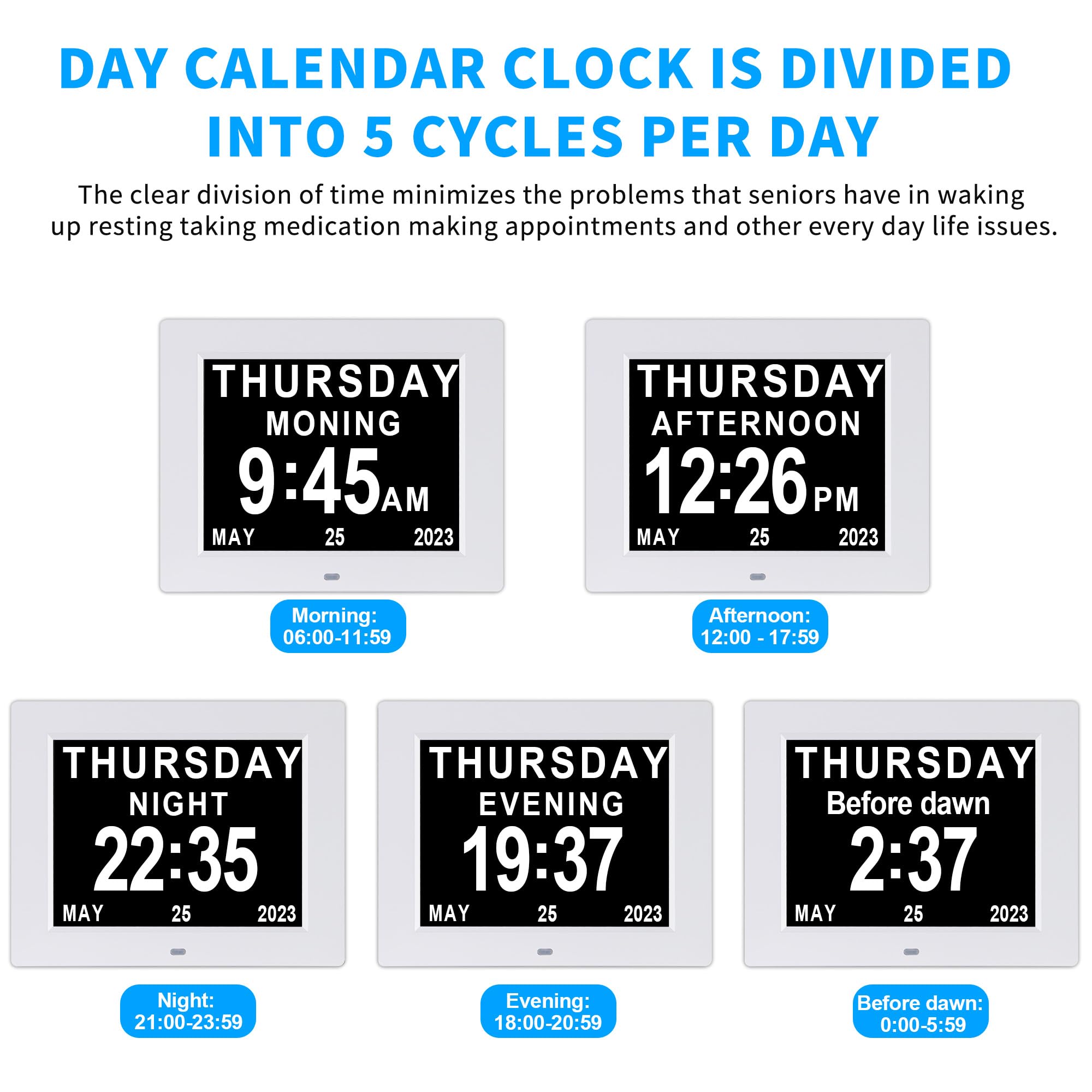 Reloj de día con calendario digital para personas mayores, personas mayores, Alzheimer (8 pulgadas blanco)