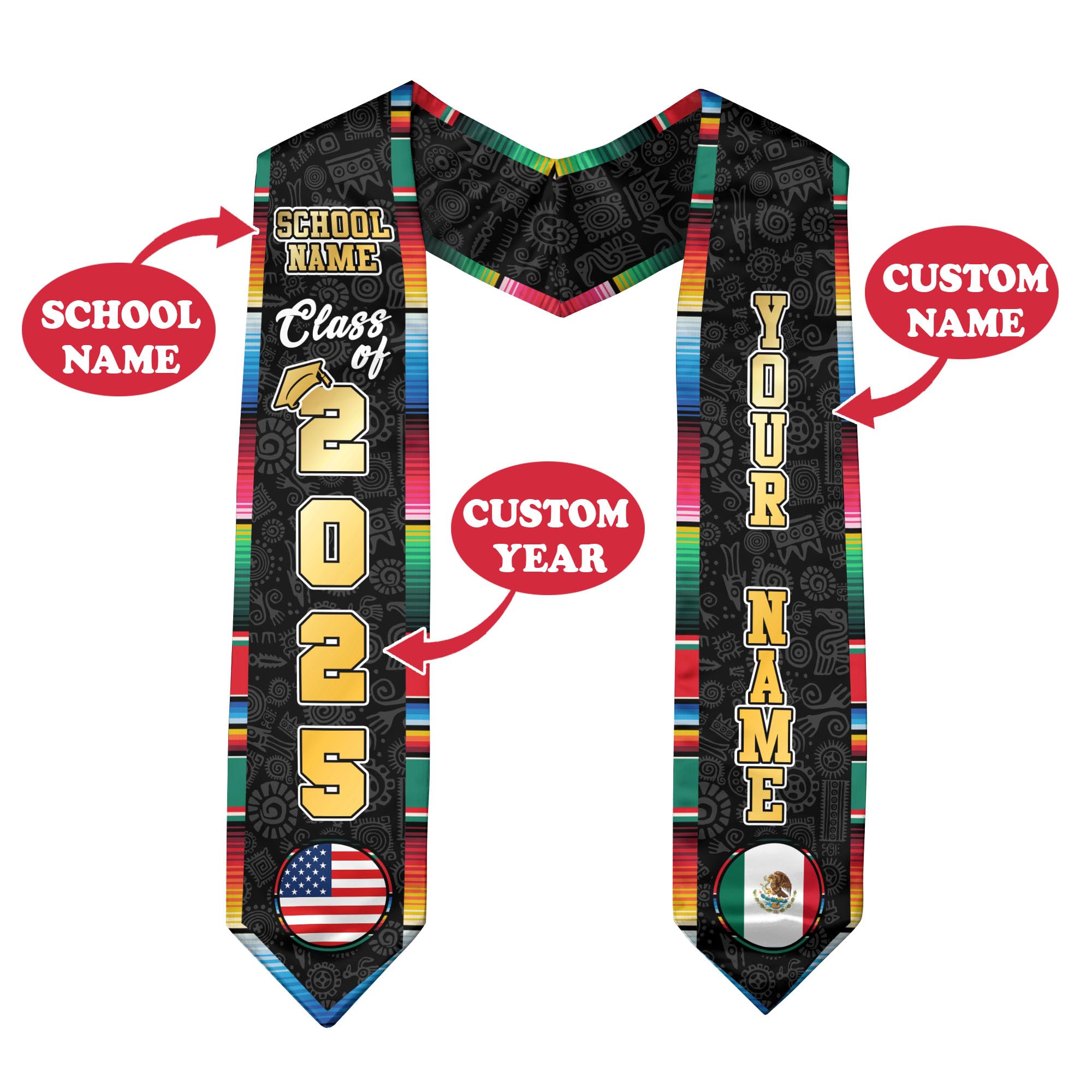 CHIARA CONTI11 Personalized Mexican Graduation Sash, Mexico Graduation Stole Customize, Mexican American Flag Graduation Sash 2025 31
