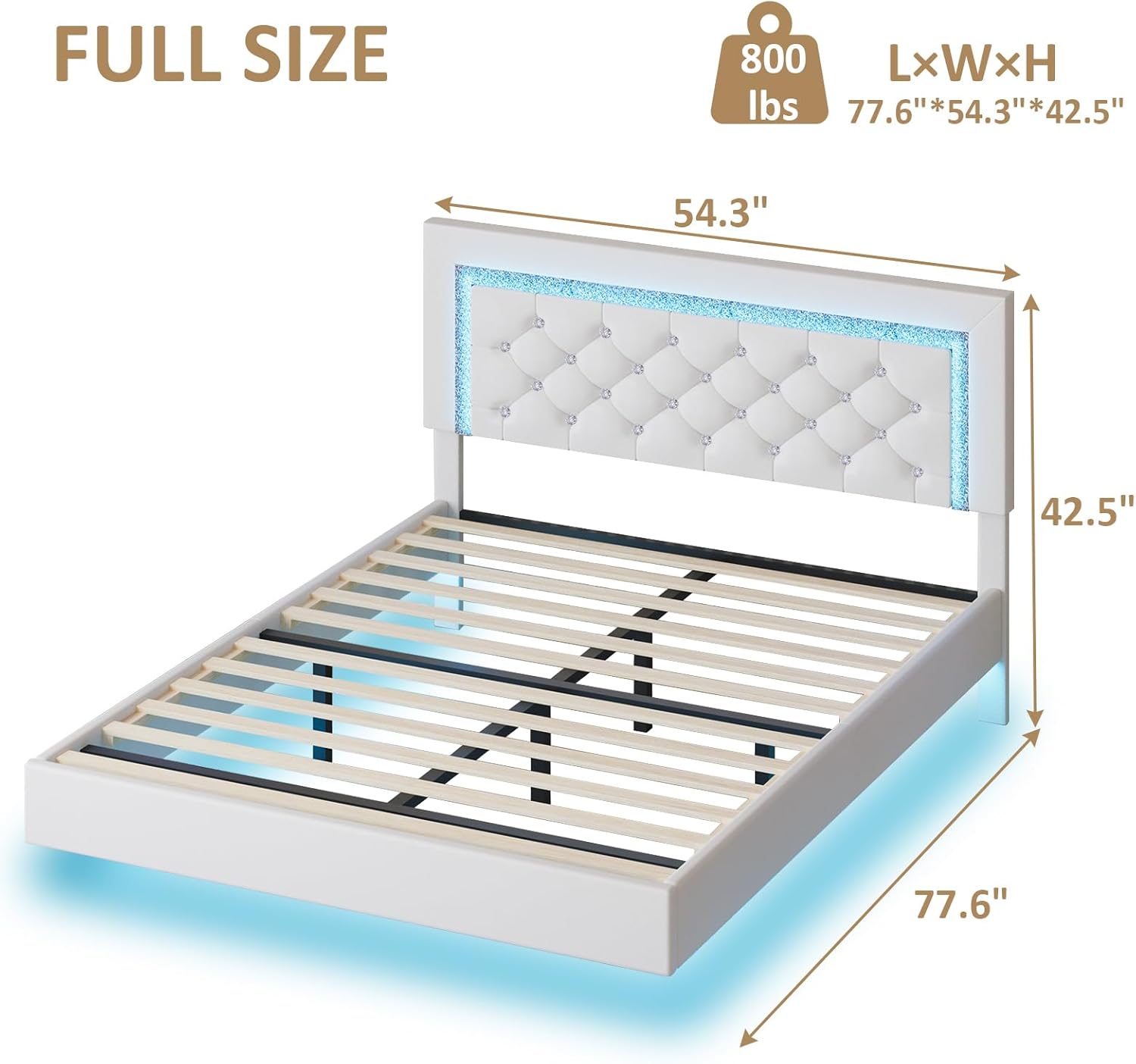 BarnFurin Floating Bed Frame with LED Lights, Upholstered Platform Bed with Diamond Tufted Headboard (White, Full)