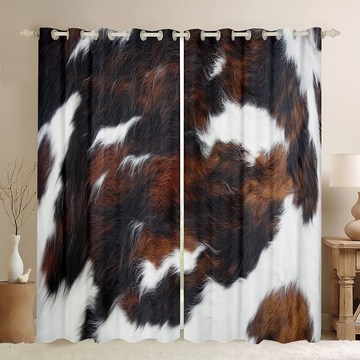 Homemissing Cow Fur Curtains for Bedroom Living Room Brown White Cowhide Blackout Curtains(30%-50%) Farmhouse Animal Drapes Abstract Art Window Treatments W46*L54