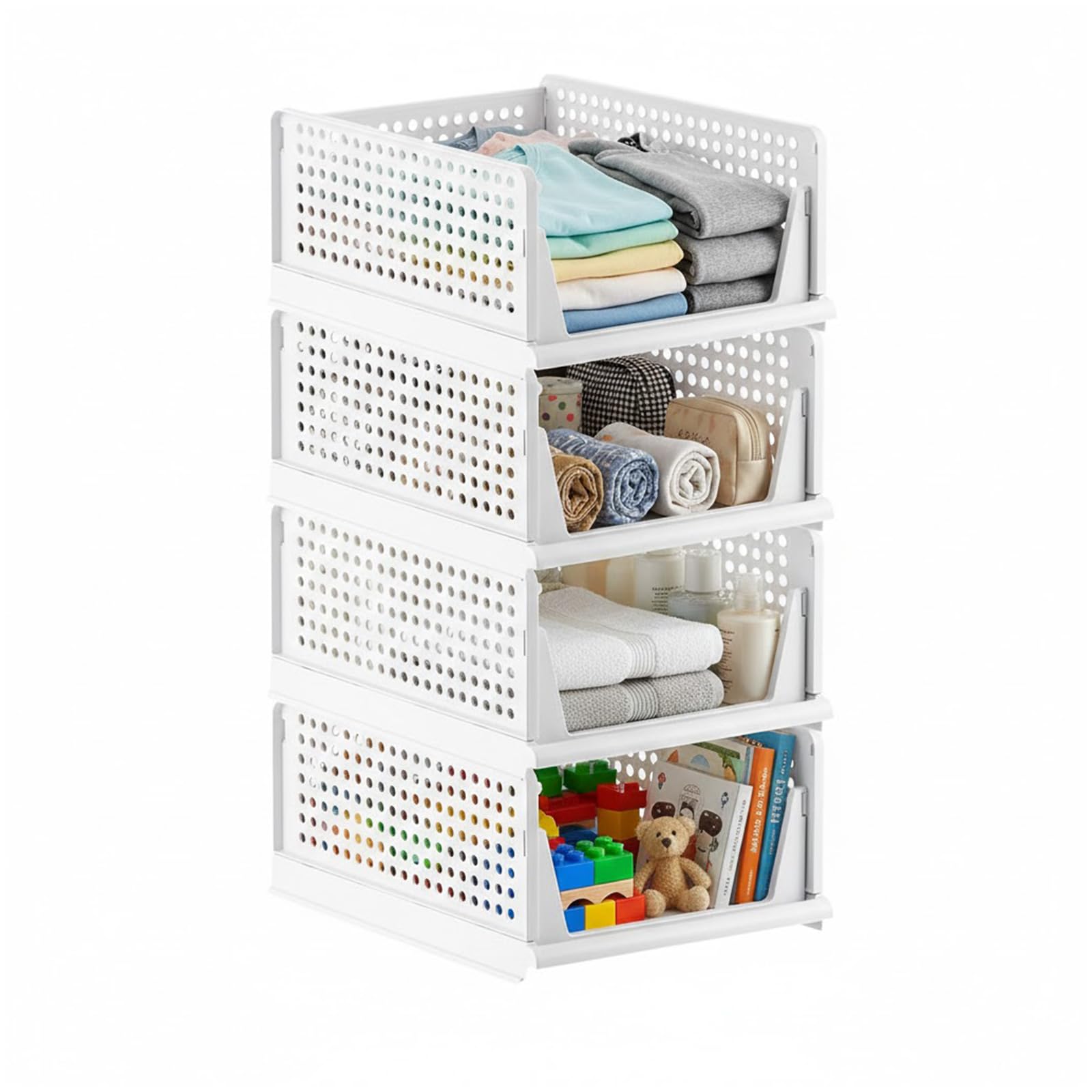 Atek White 4 Pack Stackable Storage Basket, Foldable Plastic Storage Baskets, Space-Saving Clothes Organisers For Cupboard, Closet, Laundry, Kitchen, Bathroom & Bedroom (4)