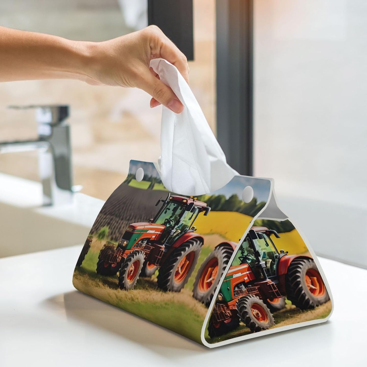 Decorative Tissue Box Cover Company Farm Tractors Tissue Box Holder Aesthetic Leather Storage Organizer Box for Bathroom Vanity Tabletop Night Stands Office Funny Home Decorative Tissue Case image 5