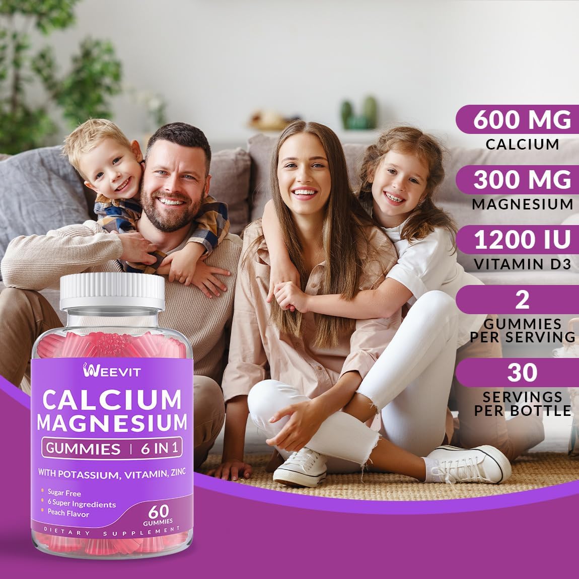Sugar Free Calcium Gummies w/Vitamin D3 K2, Calcium Magnesium Zinc Gummies for Bone, Muscle & Immune, Algae CA Magnesium 2:1 Ratio Calcium Supplement for Women & Men - Vegan - Image 2