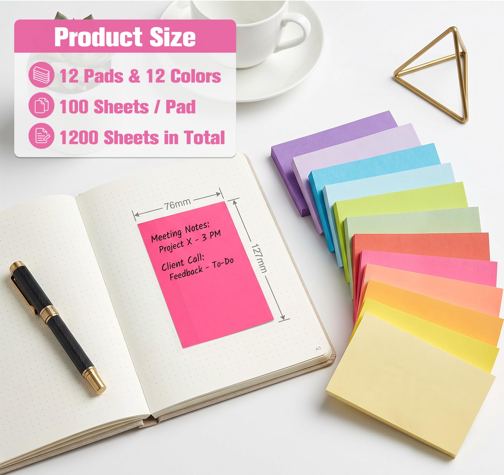Blocs De Notes Autocollantes 76x76mm – 14 Blocs (7 Couleurs X2) – 1400 Feuilles – Adhésif Fort, Sans Résidu – Pour Bureau, école Blocs Adhésifs Bureau école