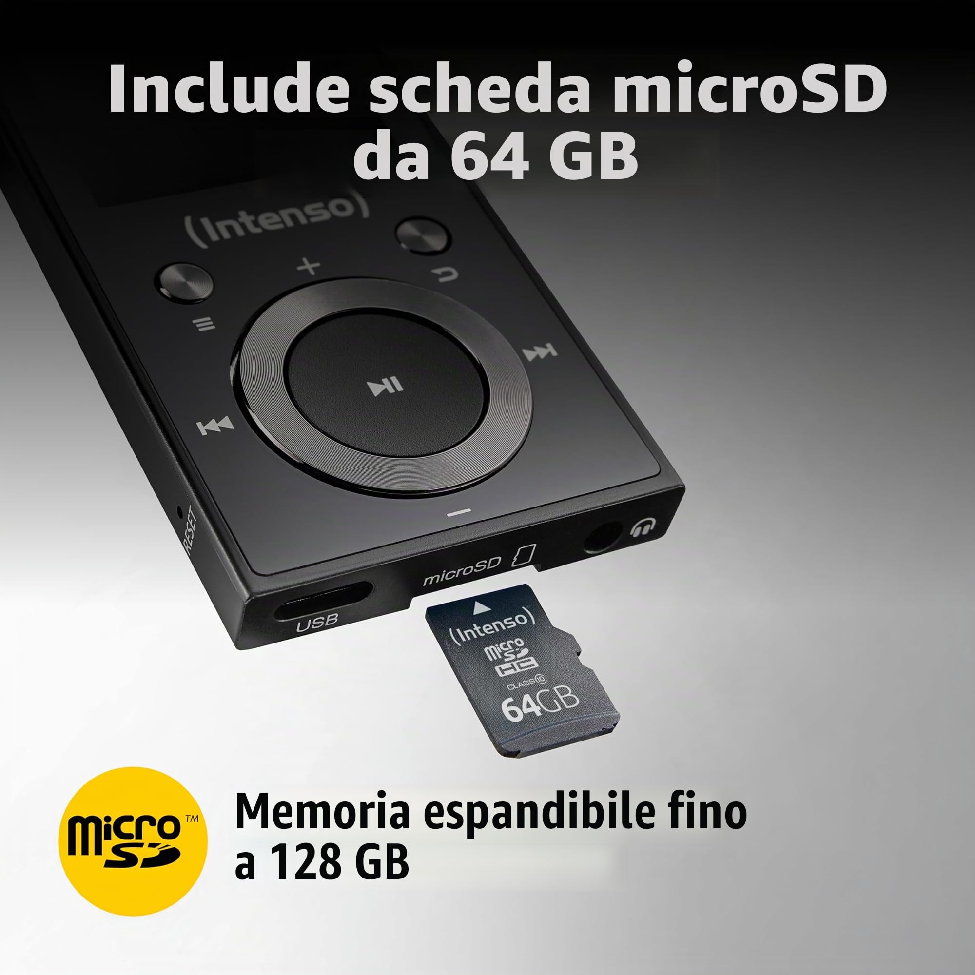 Intenso Lettore video BT MP3 con Bluetooth 5.0, display a colori da 1,8 pollici, microSD, USB C, batteria fino a 18 ore, con cuffie, nero