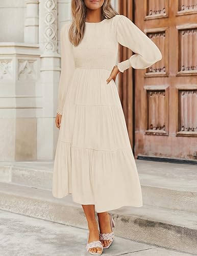 Miniatura 2 de ZESICA Vestido midi casual de manga larga con cuello redondo, cintura alta, fruncido, fluido y escalonado para mujer