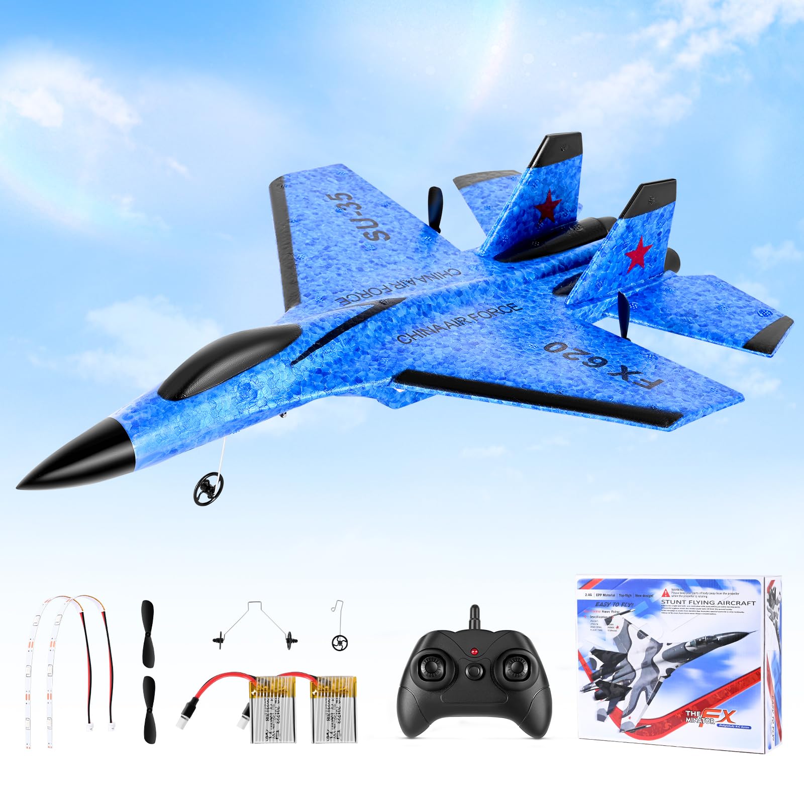 Avion Télécommandé 2.4 GHz RC, 2 Modes Démarrage, Gyroscope 3 Axes, LED, USB, Bleu