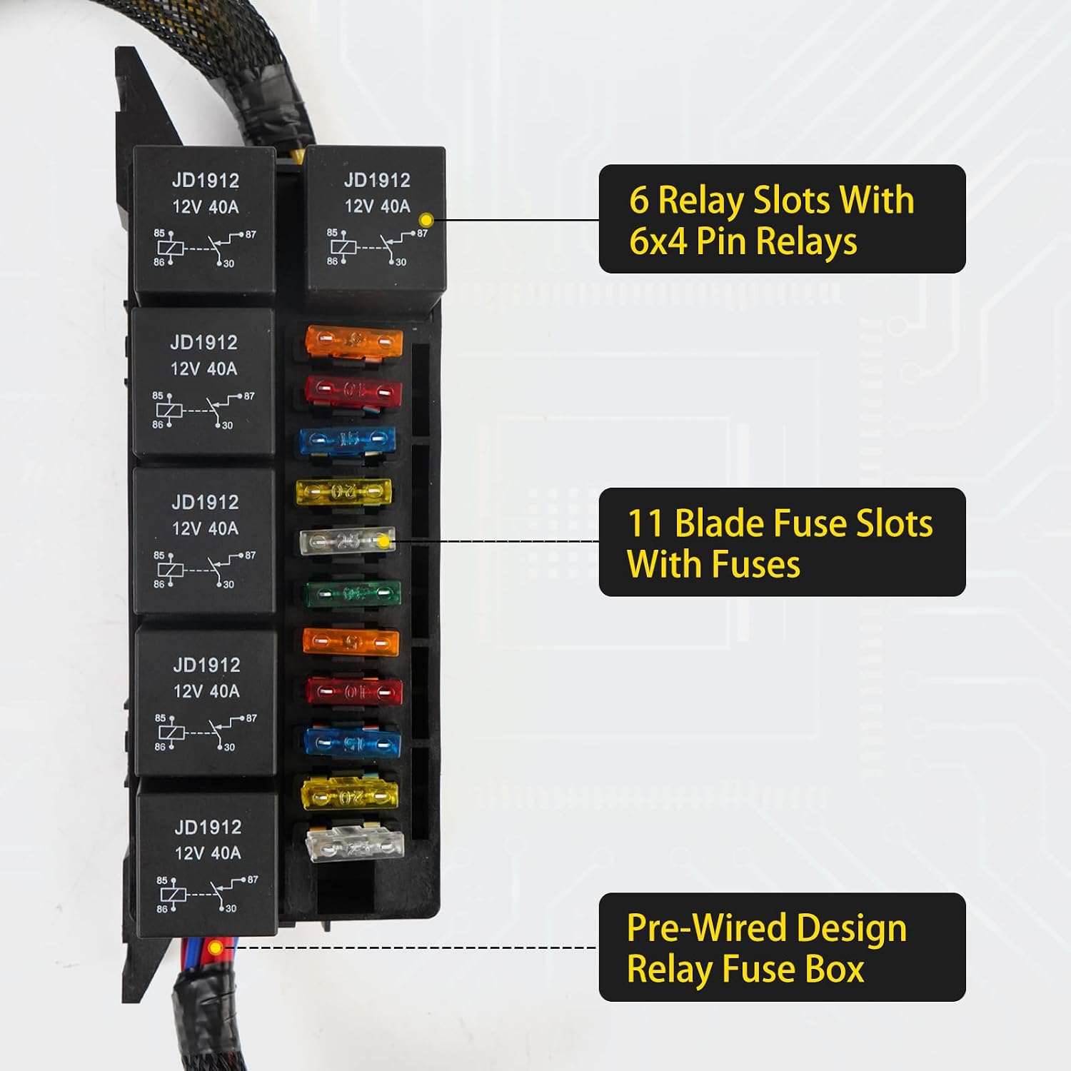 12V Fuse Relay Box with 6 Relays & 11 Way ATC/ATO Blade Fuses Pre-Wired for Automotive Marine Boat