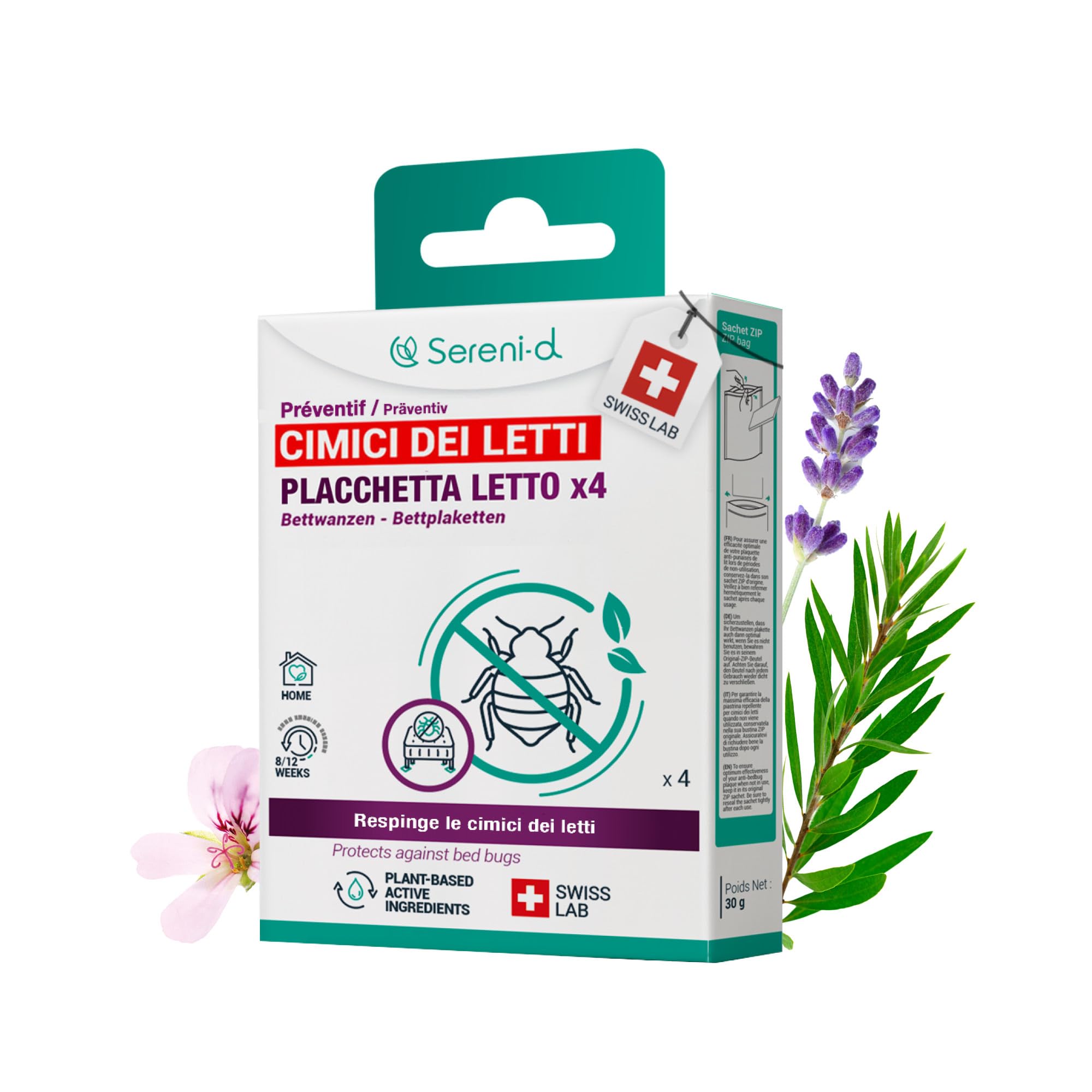 PIASTRE LETTO repellenti per CIMICI DEI LETTI - Protegge dalle cimici dei letti durante il sonno - x4 Sereni-d SWISS LAB