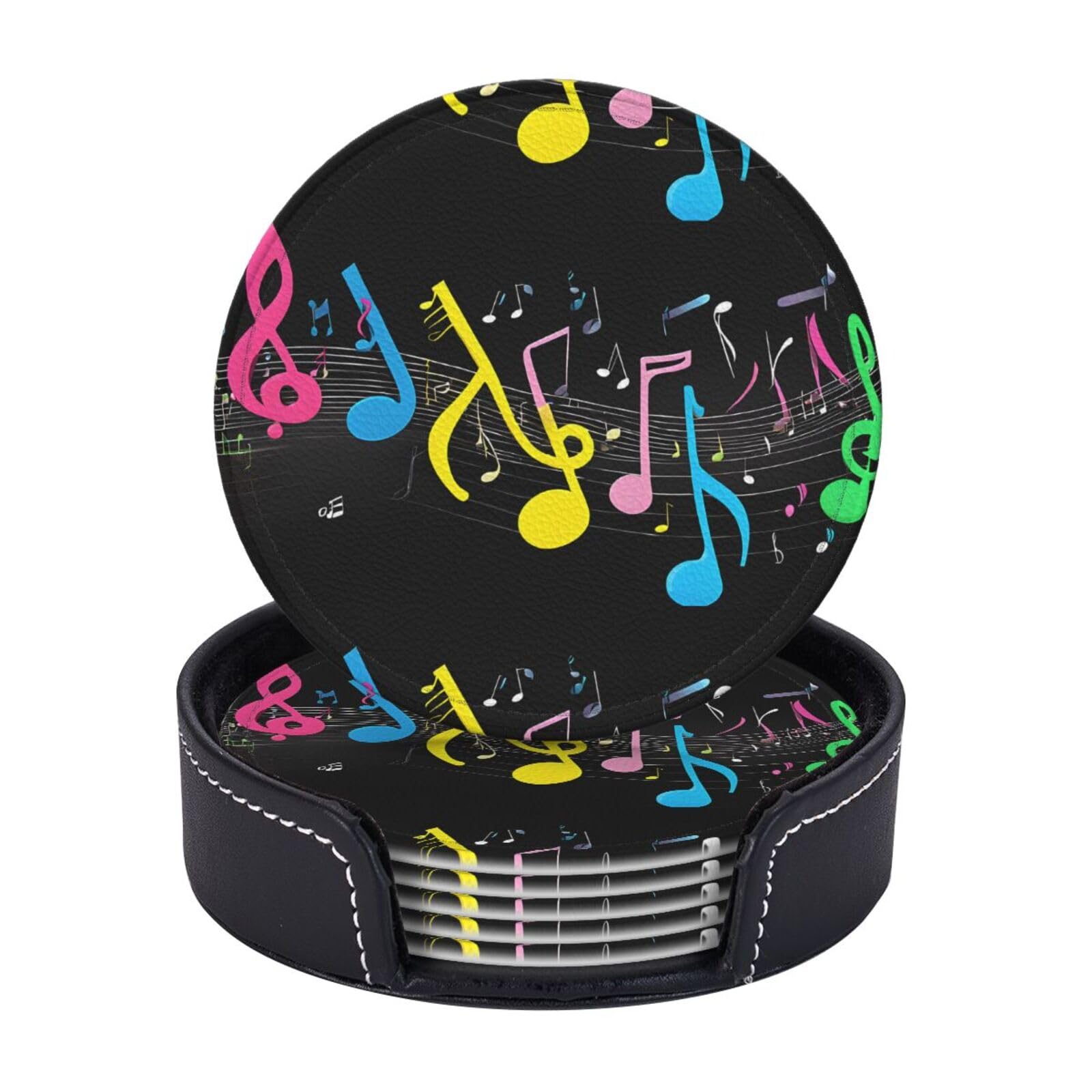 Coasters Set of 6 Microfiber PU leather Coasters with Holders for Drinks Coffee Bar Accessories, House Apartment Coffee Table Decor, Housewarming Gifts - Colorful Musical Note