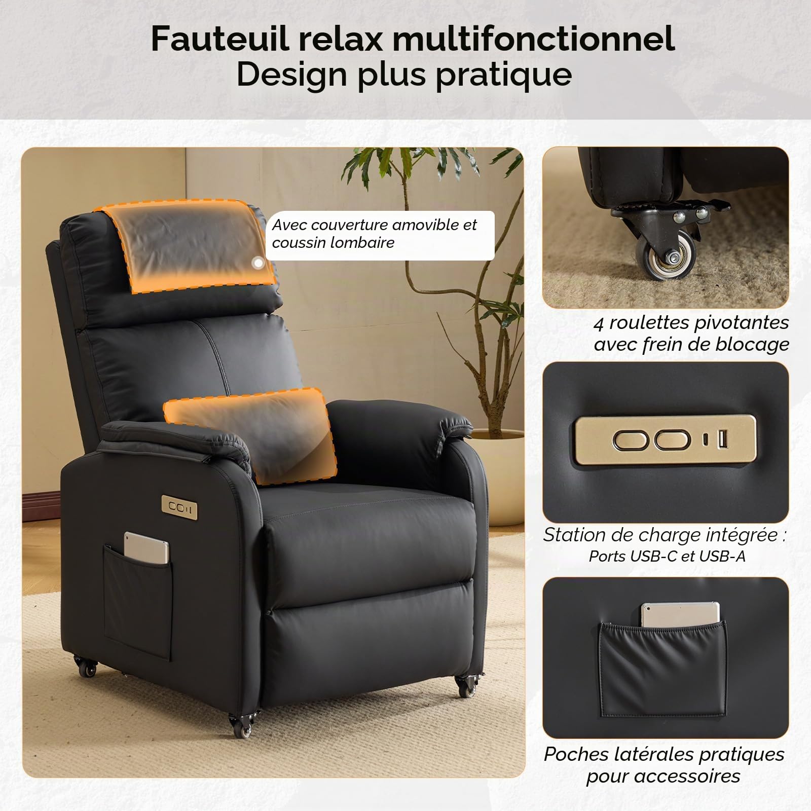 Bonnlo Fauteuil de relaxation, fauteuil de télévision, fauteuil de massage électrique avec fonction allongée, fauteuil TV, massage à 2 points et fonction chauffante, ports USB-C et USB-A, 1 poche