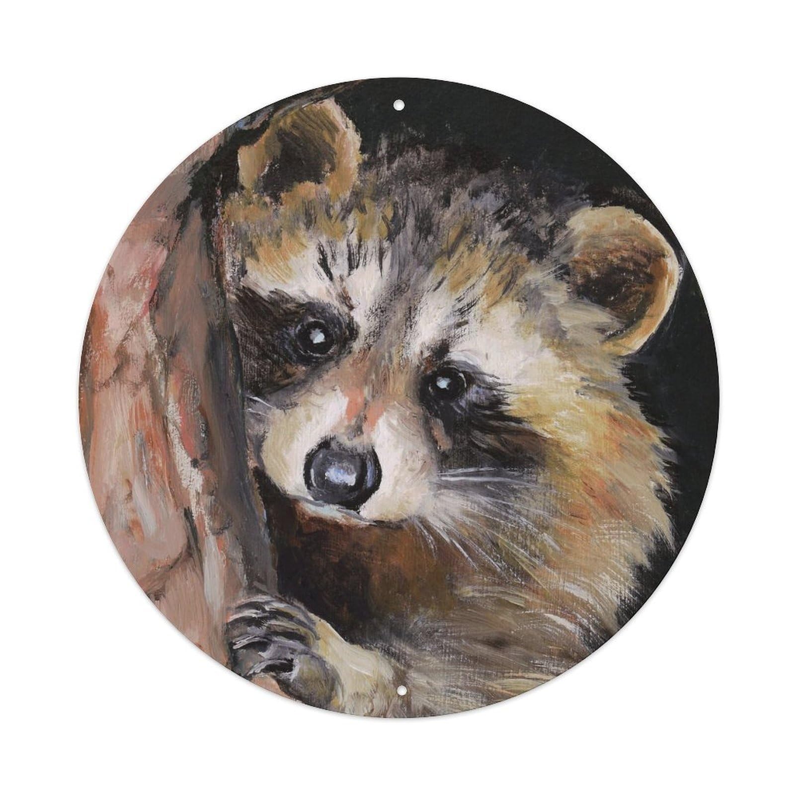 Animal Artwork Poster Cute of Small Raccoon Vintage Metal Tin Sign Plaque Wall Decor for Cafe, Club, Garden Round Metal Poster 8x8Inch