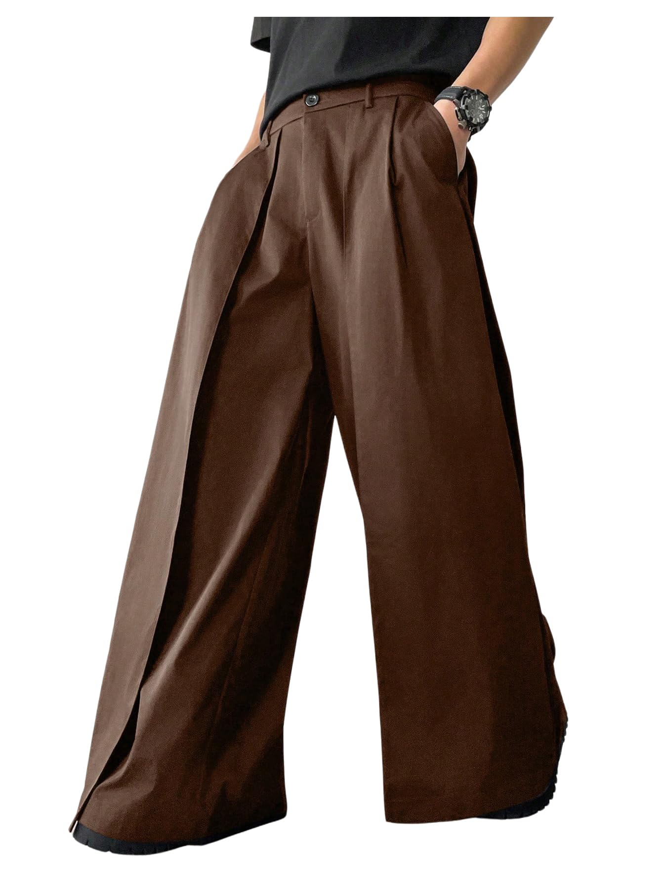 Photo 1 of OYOANGLE Men's Baggy Wide Leg Pants Zipper Fly Pleated Trousers Business Casual Dress Pants with Pocket Brown Medium