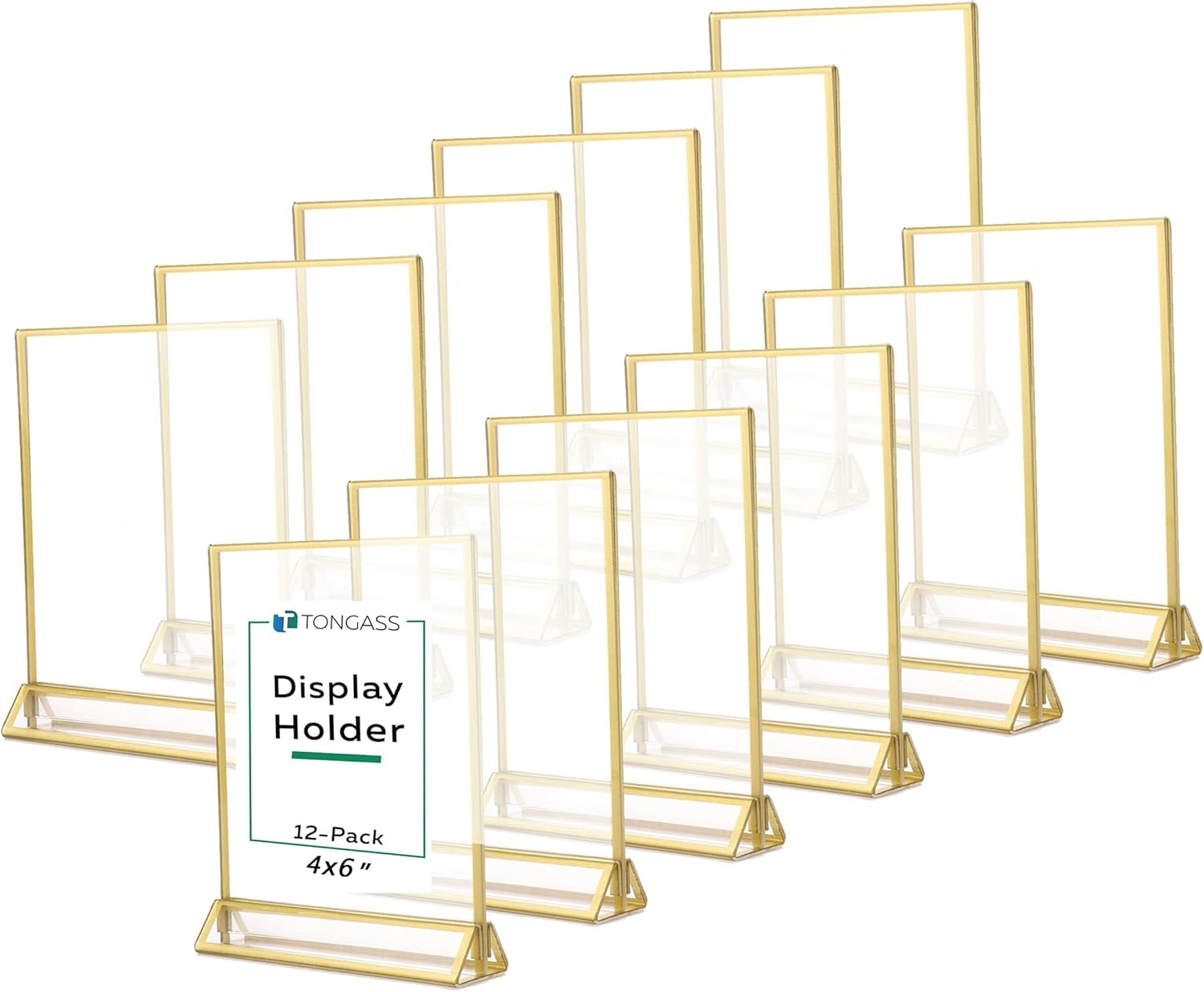 TonGass (12-Pack) 4x6" Standard Double-Sided Acrylic Wedding Table Numbers Picture Frames, Clear Sign Holders with 3mm Gold Border & Vertical Stand 4"x6"-12pk