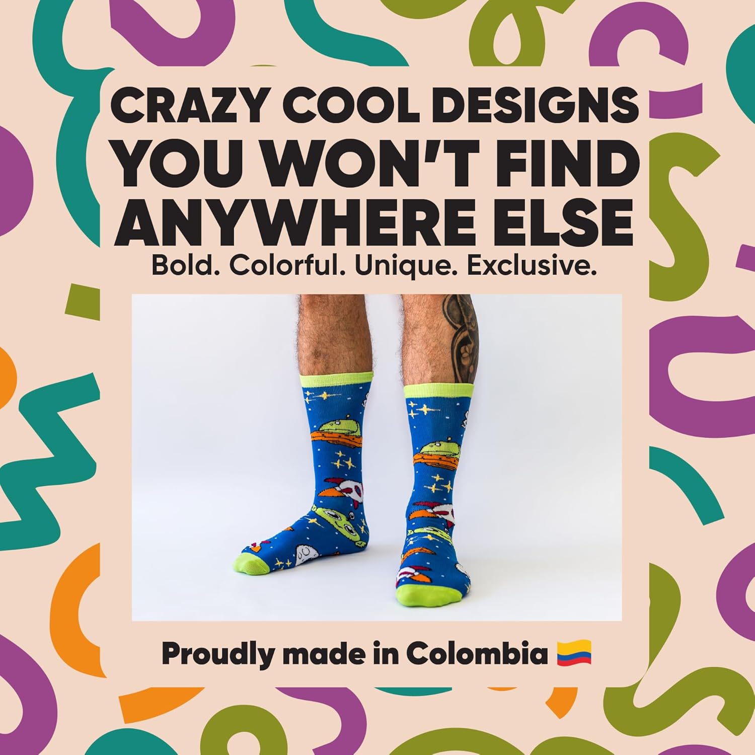 Funny Crazy Socks for Men, Women & Kids – Colorful Over the Calf Styles – 2 Fun Designs – Reinforced Toe – Silly Novelty