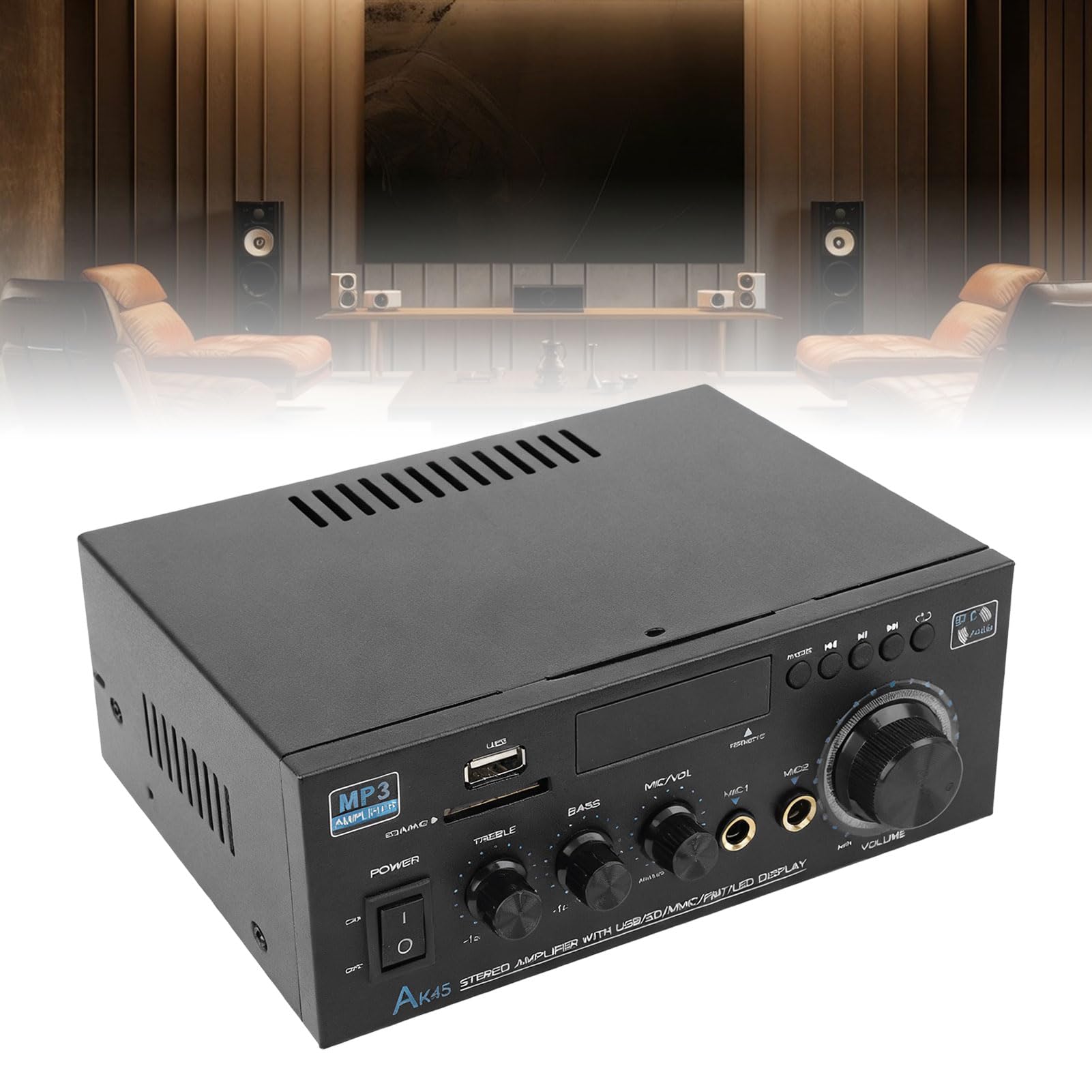 Amplificatore Stereo Audio 2.0, Ricevitore con Potenza di Picco | Amplificatore Home Theater Bluetooth, slot per scheda SD USB, ingresso doppio microfono, per feste karaoke, altoparlanti
