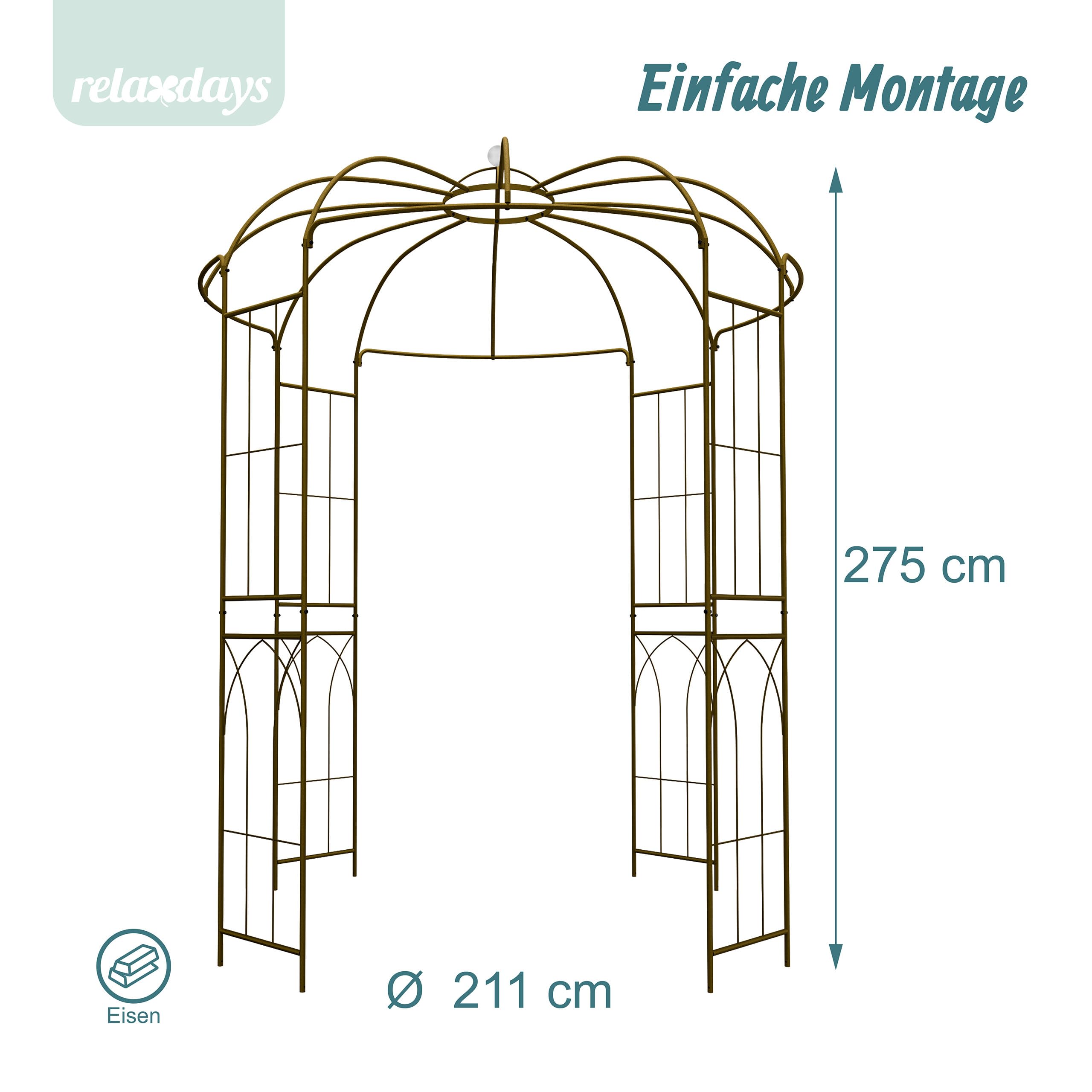 Relaxdays Rosenpavillon Metall, HBT: 275x211x211 cm, Rankhilfe Kletterpflanzen, Garten, Rankpavillon begehbar, Bronze
