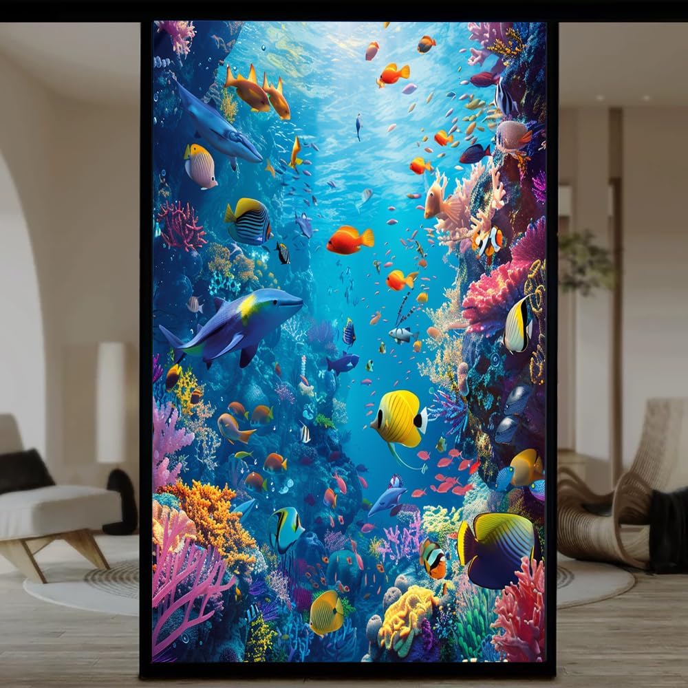Tropical Fish Stained Glass Window Film, Colorful Coral Beautiful Ocean Landscape Peel and Stick Frosted Privacy Film, Adhesive Vinyl Decorative for Bathroom Windows Glass Doors, 35.4Wx55.1L inch