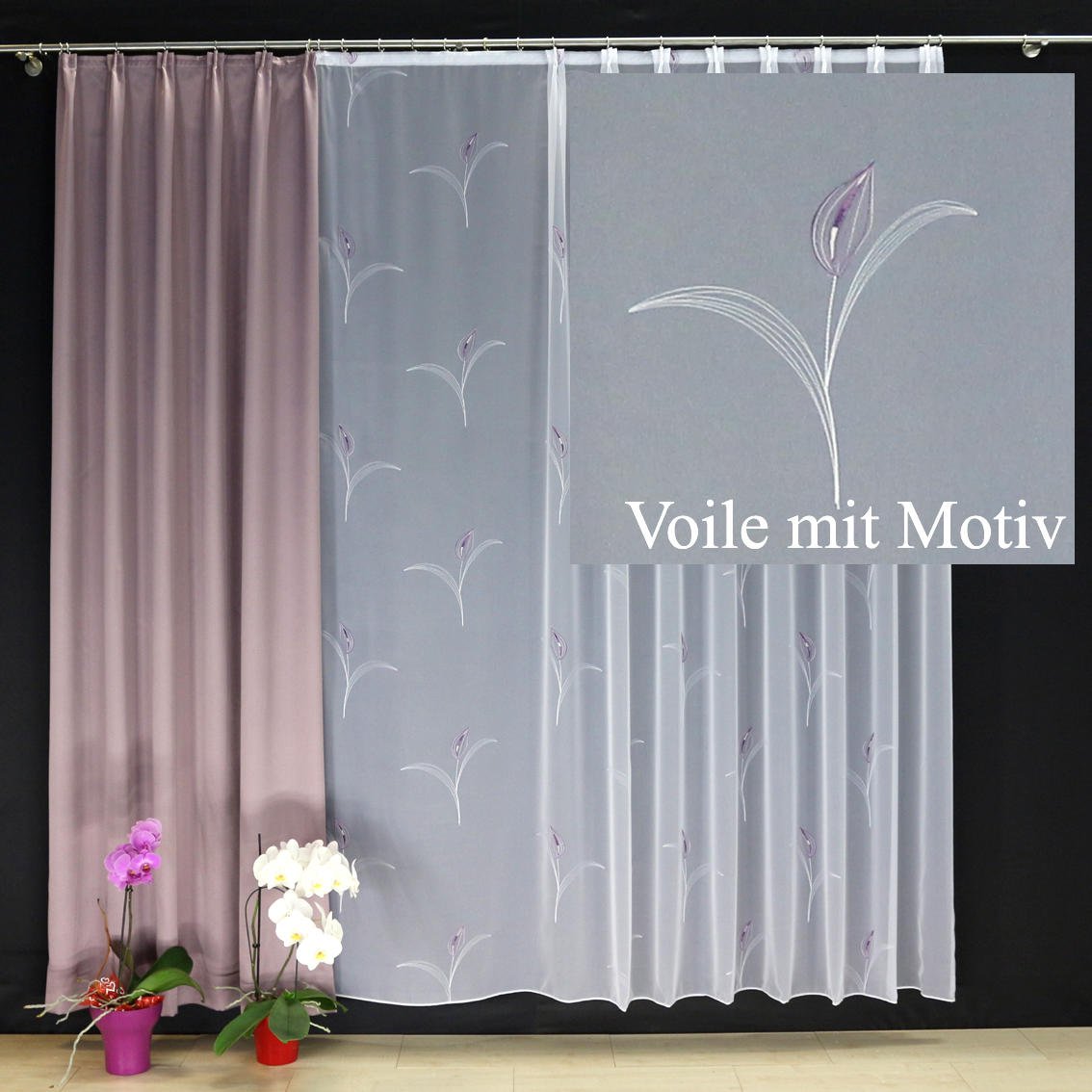 Hochwertige Gardine Fertiggardine Voile Store Schal mit Stickerei Faltenband und Bleiband weiß MALGA 235 x 600 cm (HöhexBreite)