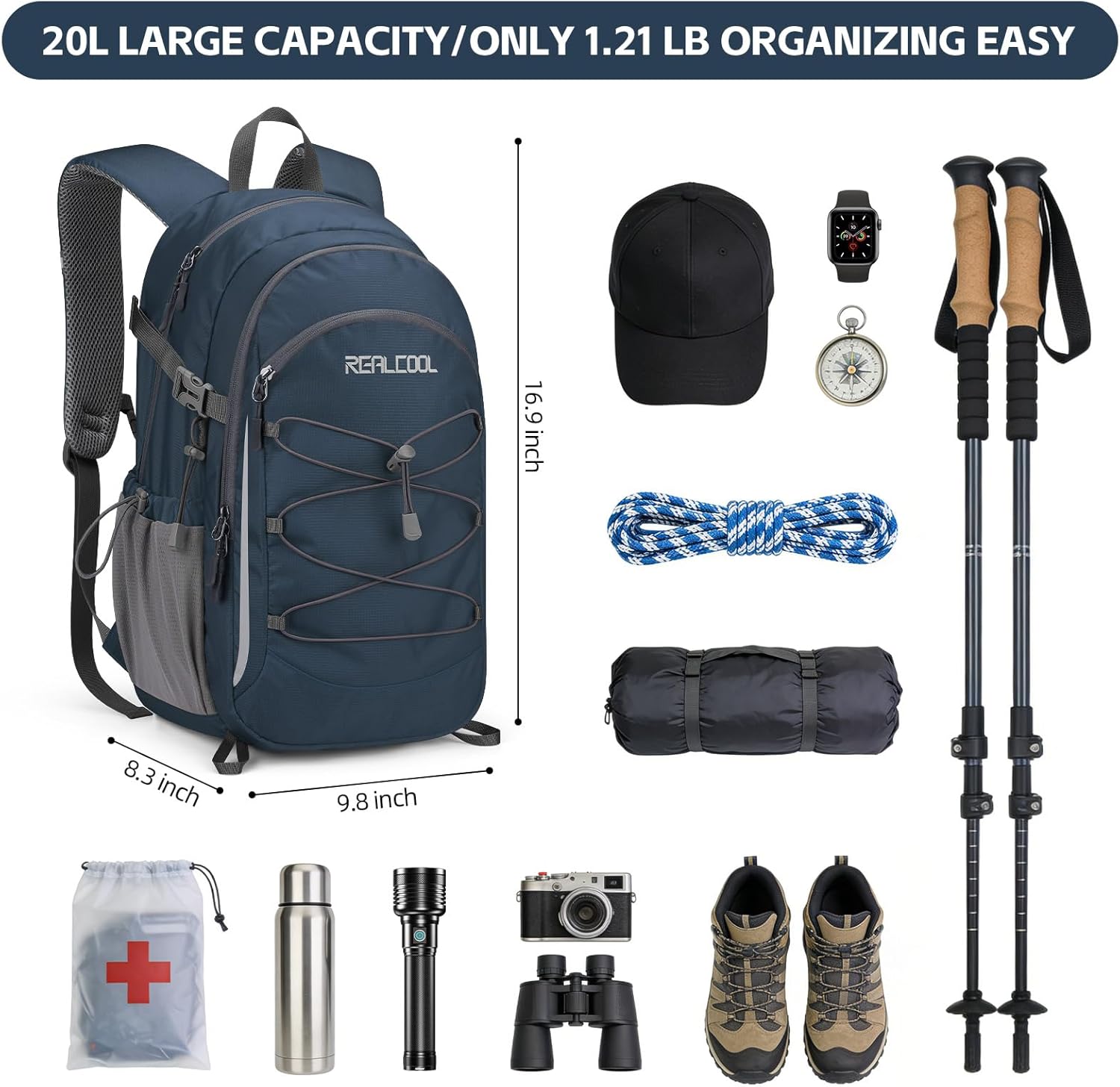 RealCool Hiking Backpack for Men Women,20L Lightweight Waterproof Travel Camping Backpack Hiking Daypack for Cycling Running,Blue