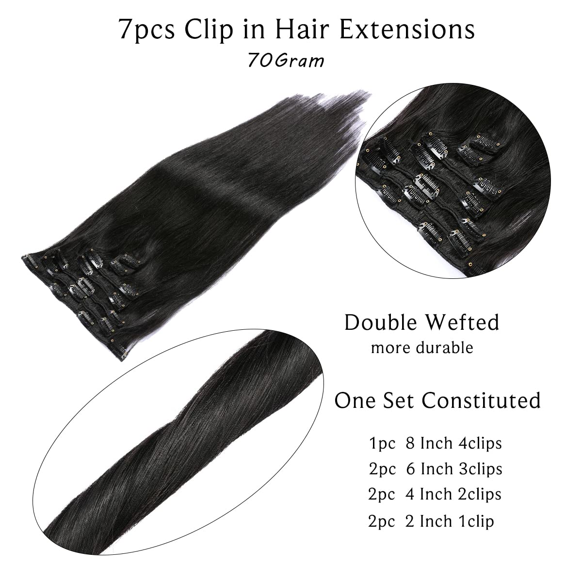 Clip In Hair Extensions 7 Pieces 70g Real Human Hair Straight Double Weft Benehair 100% Real Remy Human Hair Extensions Clip In 7  main image 3
