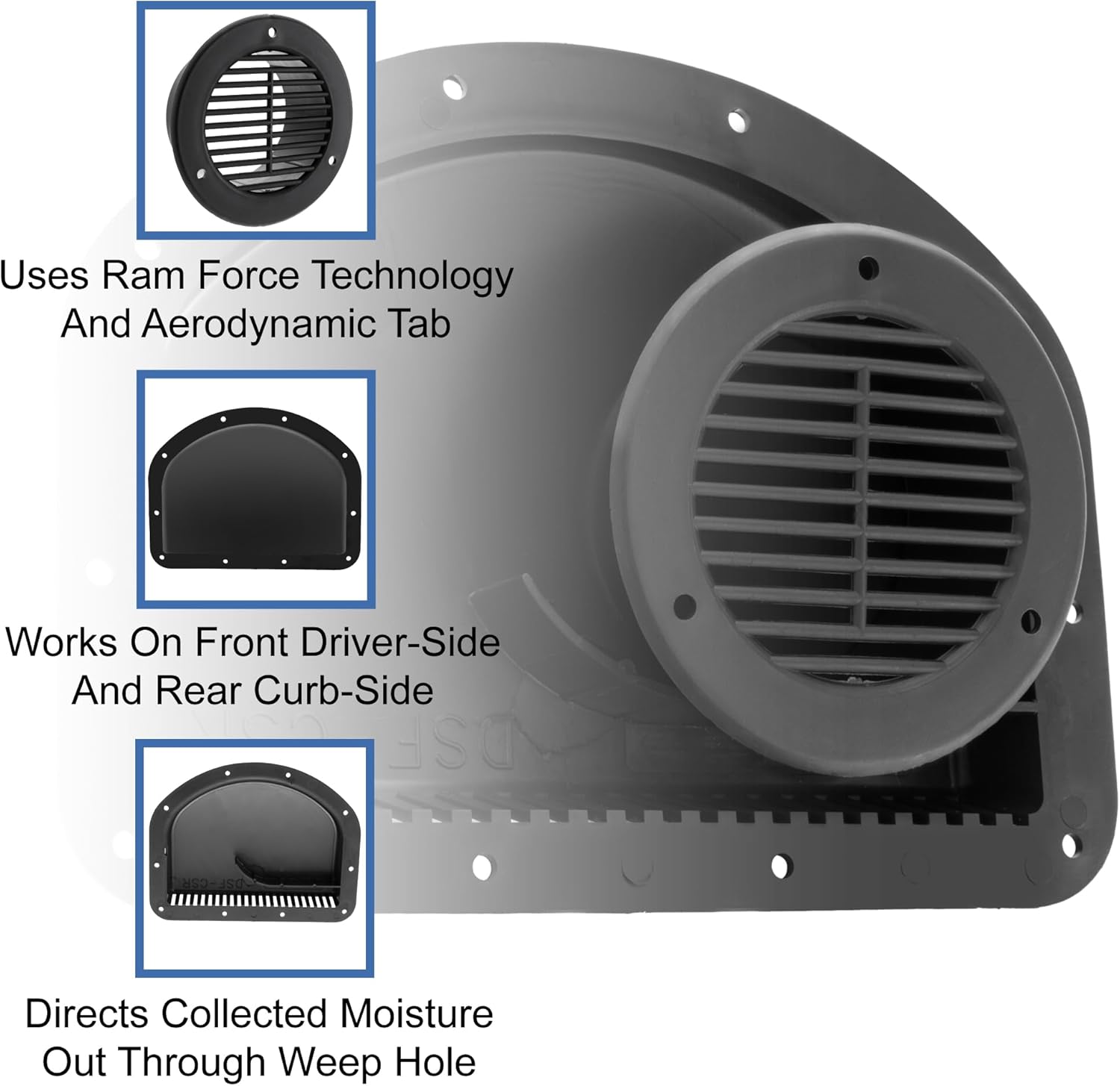 RecPro Trailer Exterior Vent Cowl | Driver's Side Front | Curb Side Rear with Grill | UV & Water Resistant (2 Pack, Black)