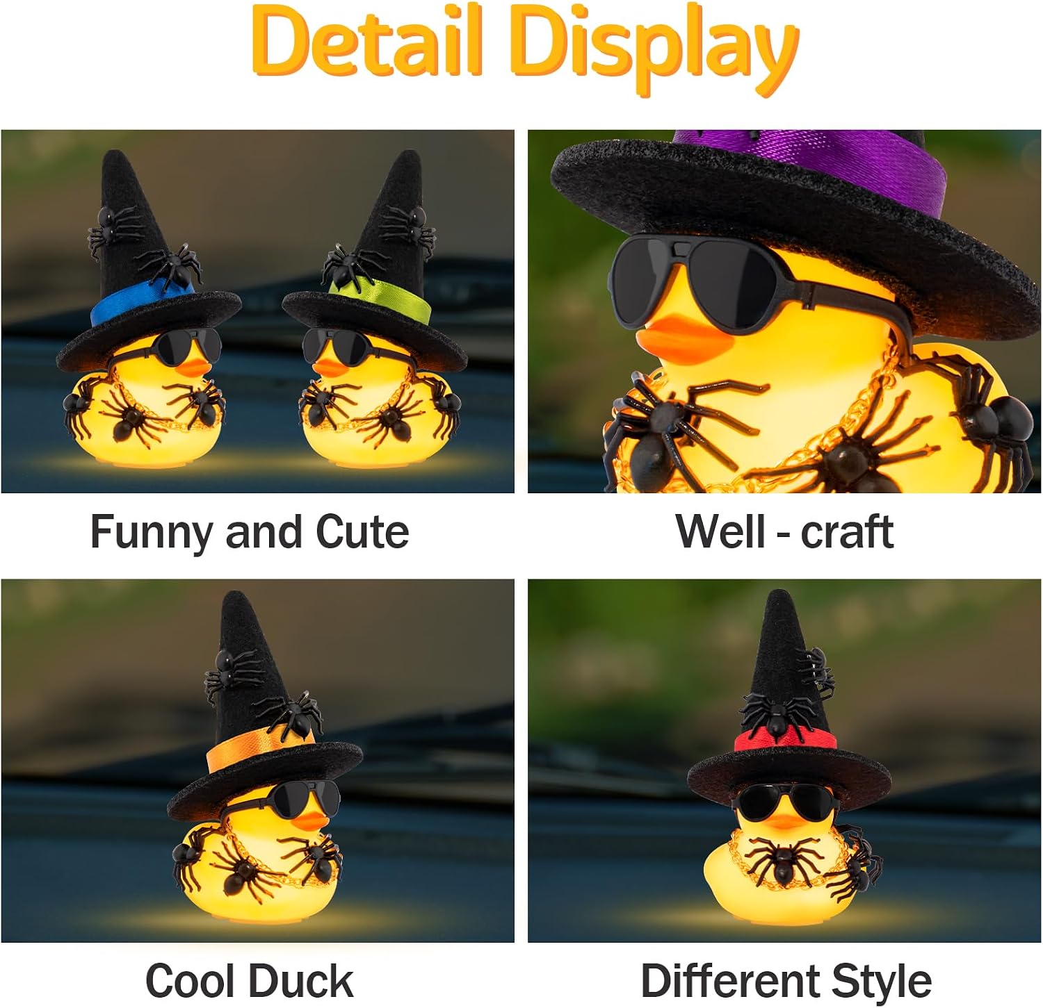 wonuu Spider Rubber Duck with Light for Halloween Decoration Car Ornament Home Decor Mini Ducky with Sunglasses Necklace, Assemble Needed, Black Hat Purple Ribbon