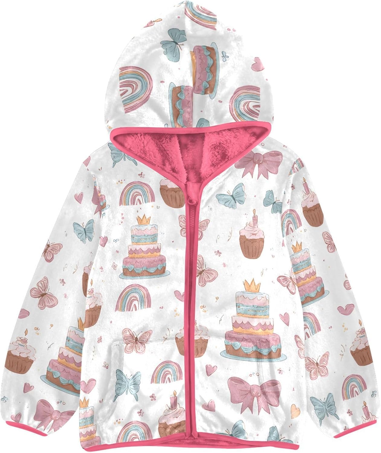 Girls Hoodie Outfit Hand Drawn Birthday Cake Butterfly Pattern Zipper Sweatshirt Coat Fleece Jacket for Kids 3-10T
