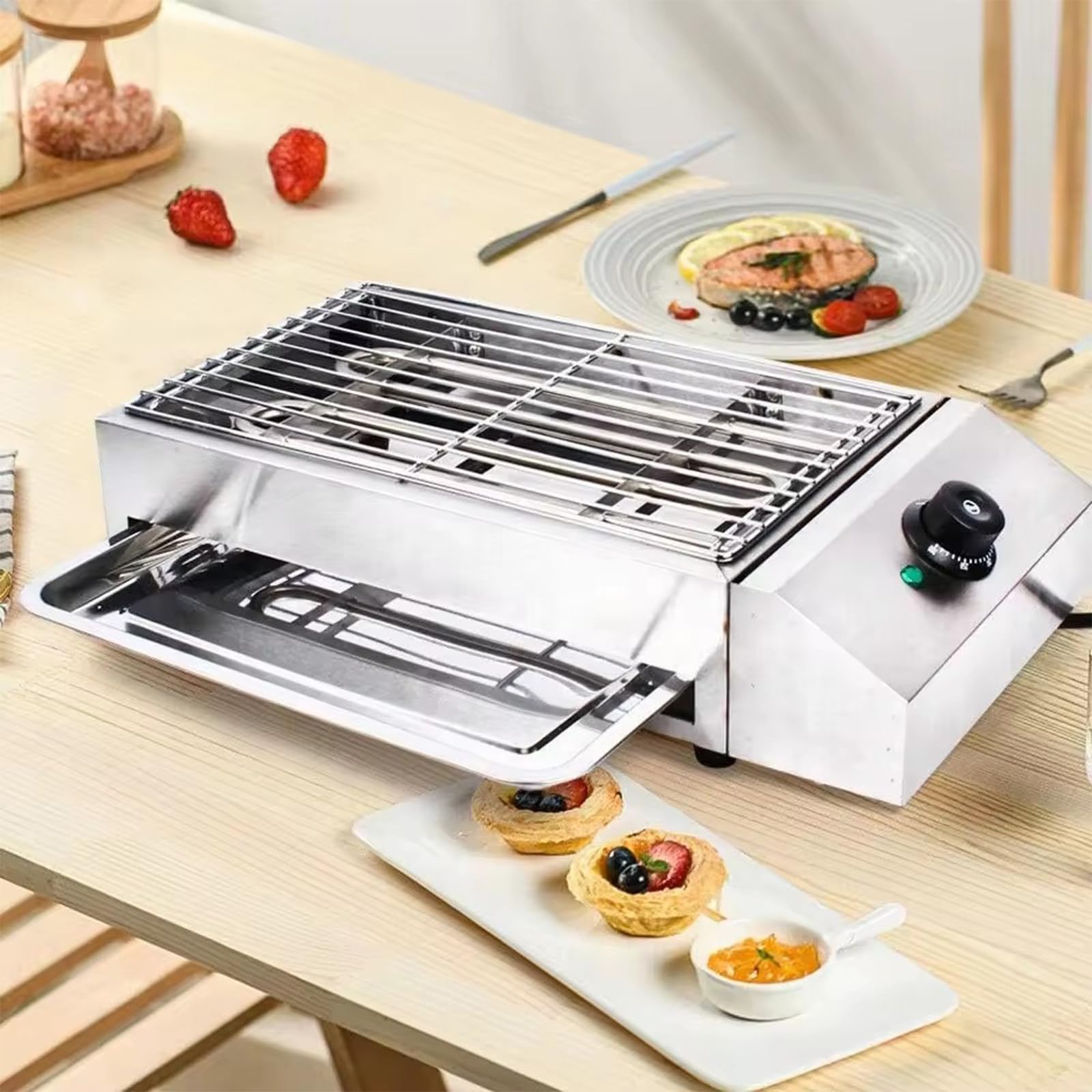 Piastra Elettrico per Barbecue Senza Fumo Grill da banco Elettrico con Controllo termostatico Regolabile, griglia da Interno in Acciaio Inox BBQ per Ristorante Campeggio Partito