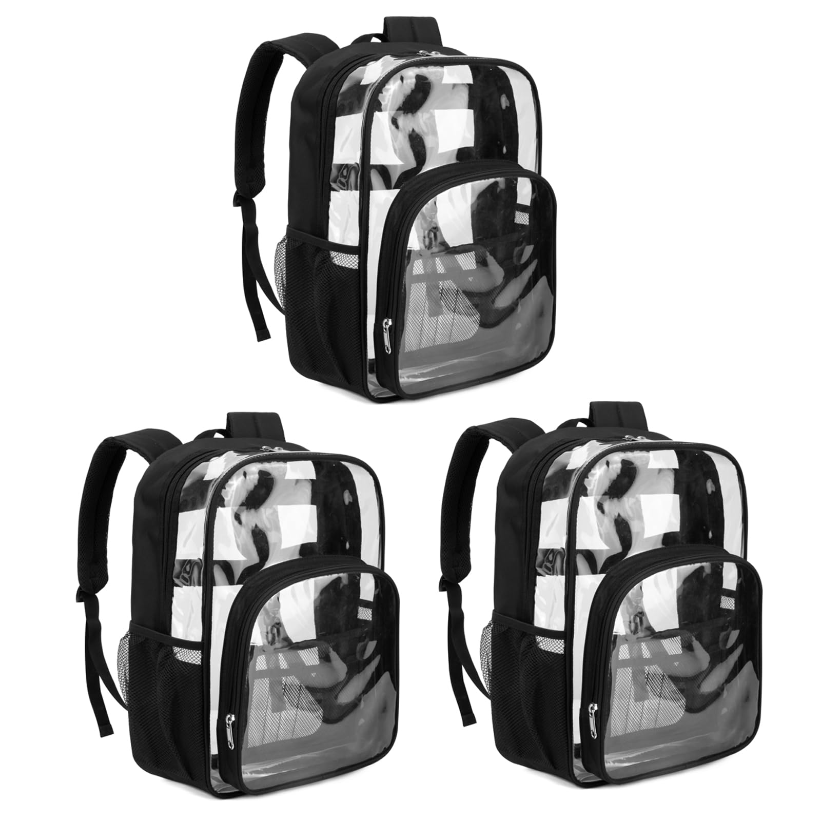 BLUEFAIRYClear Backpack for School Stadium Approved Large PVC See Through Bag Heavy Duty Bookbag Transparent Plastic Bag for Kids Students Work Events 17" Black 3 Pack