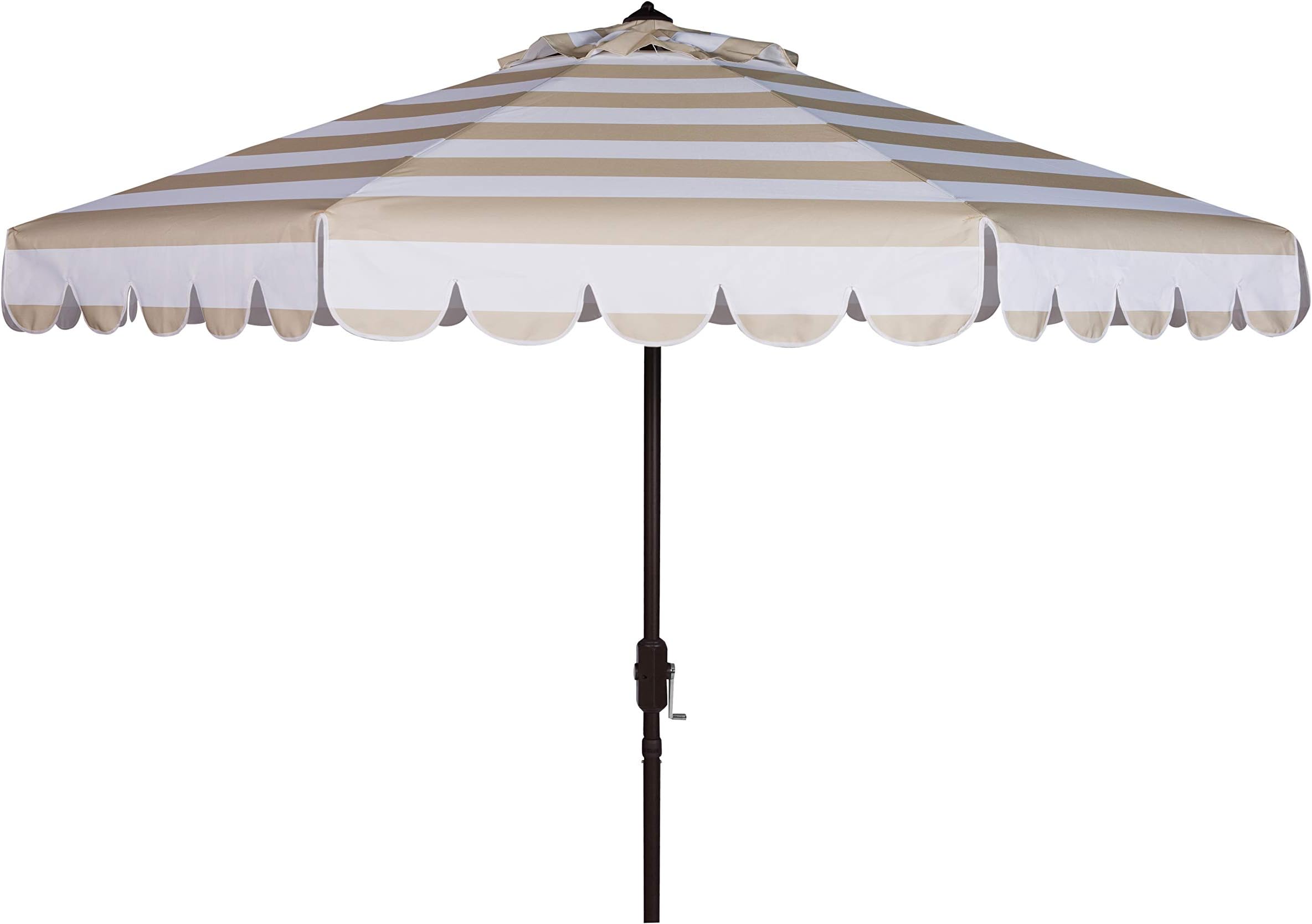 SAFAVIEH Outdoor - Vienna 9-Foot Crank Patio Umbrella - Beige & White Canopy - Brown Aluminum Pole - Single Scallop Trim Design - Ideal for Patio, Deck, Poolside, Backyard (PAT8011A)