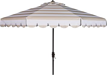SAFAVIEH Outdoor - Vienna 9-Foot Crank Patio Umbrella - Beige & White Canopy - Brown Aluminum Pole - Single Scallop Trim Design - Ideal for Patio, Deck, Poolside, Backyard PAT8011A