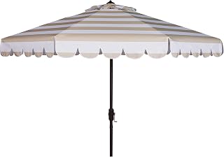 SAFAVIEH Outdoor - Vienna 9-Foot Crank Patio Umbrella - Beige & White Canopy - Brown Aluminum Pole - Single Scallop Trim Design - Ideal for Patio, Deck, Poolside, Backyard (PAT8011A)