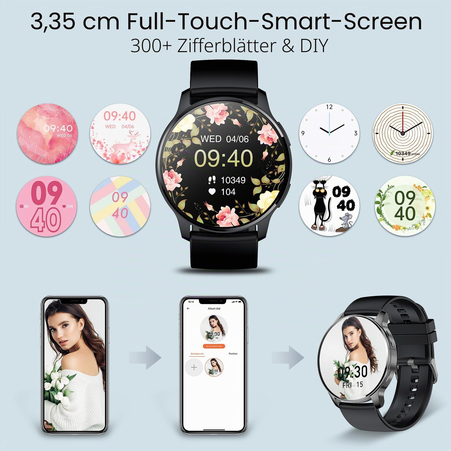 Batatree Smartwatch Herren Damen, 1,32" Smart Watch mit Telefonfunktion, 120+ Sportmodi Fitnessuhr Schrittzähler Armbanduhr mit Herzfrequenz SpO2 Schlafmonitor, IP67 Sportuhr für Android iOS, Schwarz