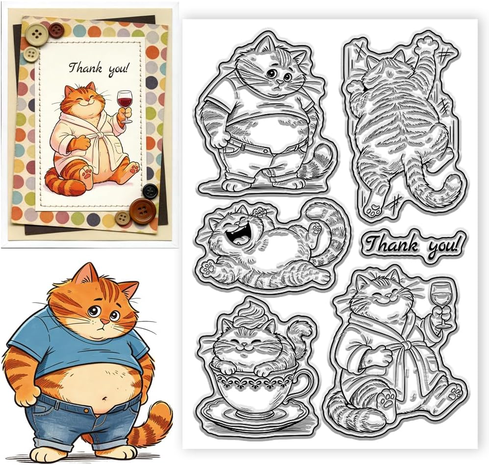 Funny Fat Cat Clear Stamp Comical Animals Silicone Stamps for DIY Scrapbooking Card Making Photo Album 4.3x6.3 inch