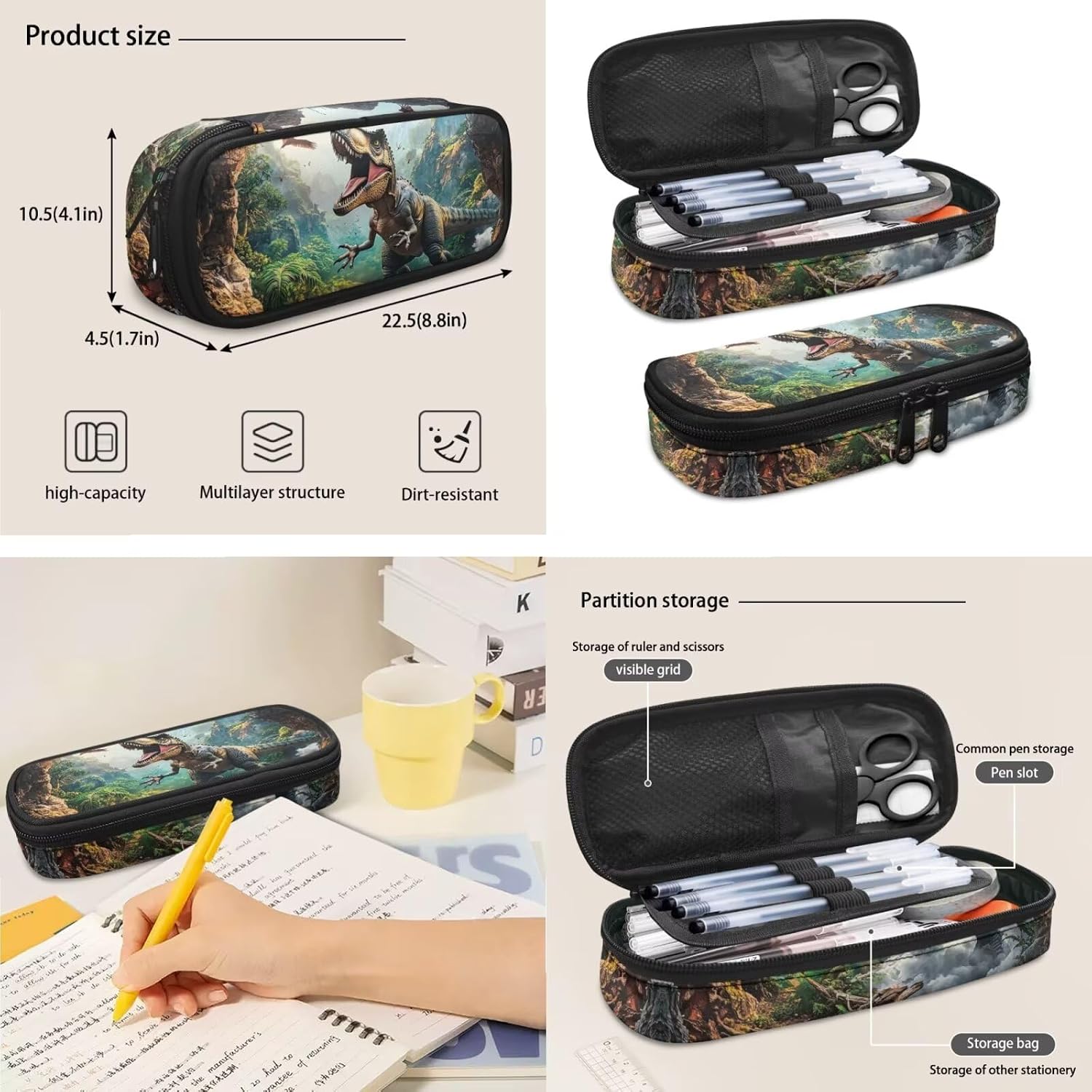 COEQINE Dinosaur Backpack for Toddler Boys with Lunch Box Cool Boys Middle School School Bag Set 3 Piece Bookbag for Boys with Pencil Box Large Capacity Back Pack Outdoor Camping Rucksack