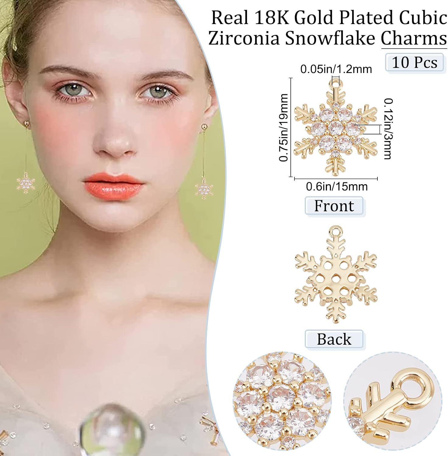 Beebeecraft 10Pcs 18K Gold Plated Snowflake Charms Cubic Zirconia Winter Christmas Charm Pendants for Crafting Bracelet Necklace Jewelry Making