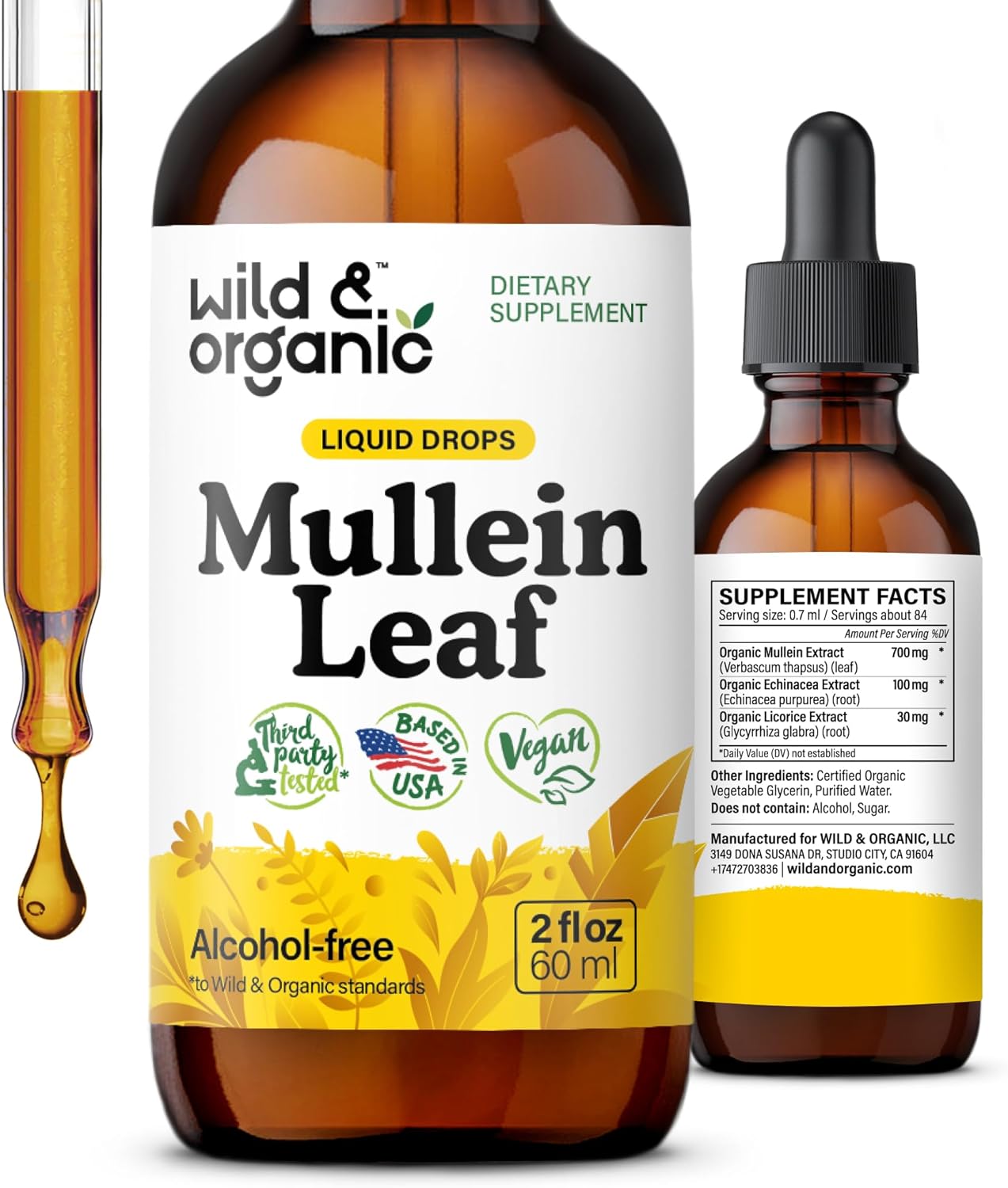 Wild & Organic Mullein Drops for Lungs – Lung Detox and Cleanse – Liquid Mullein Leaf Tincture – Vegan, Sugar & Alcohol-Free Extract Supplement – 2 fl oz