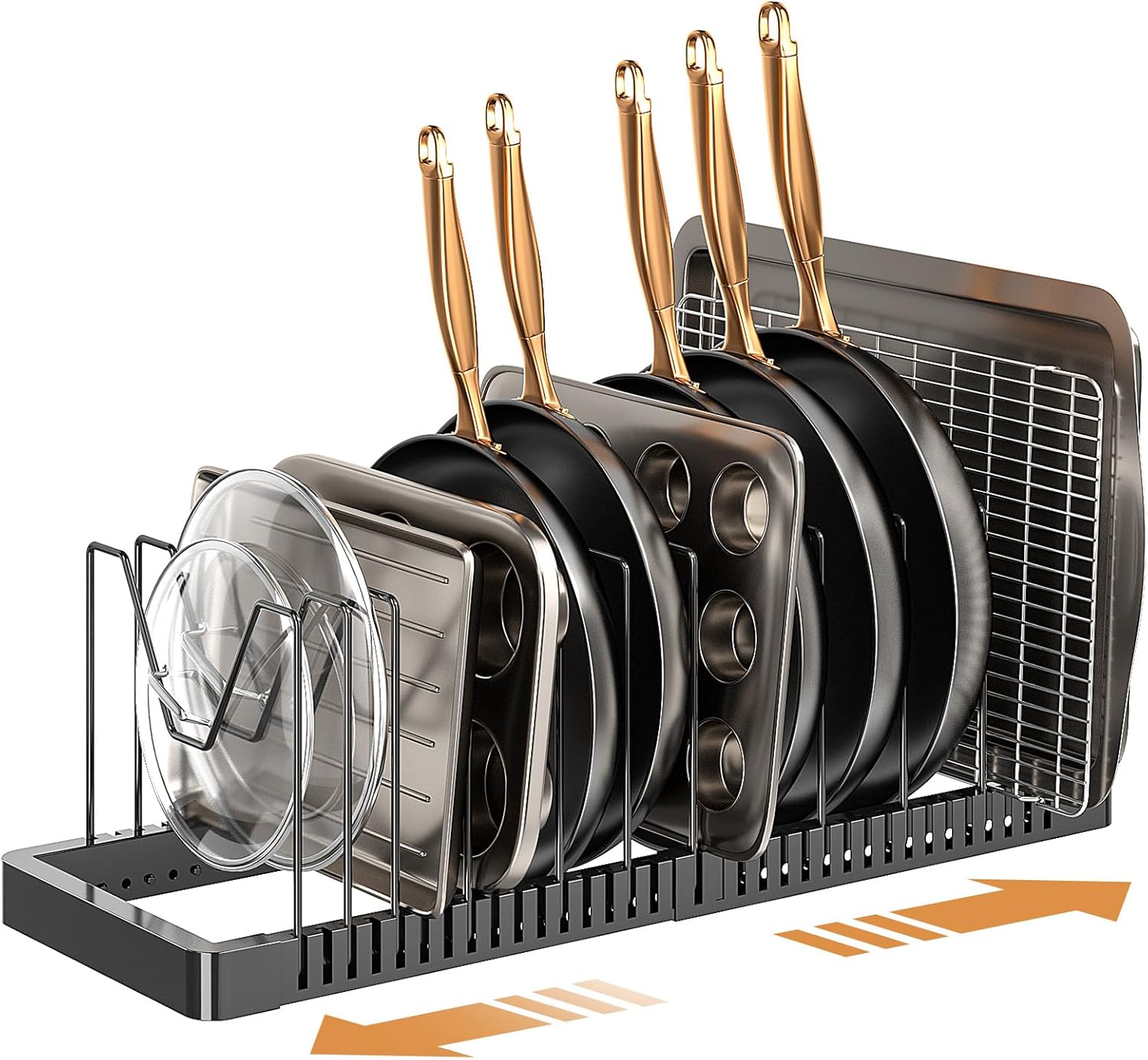 Pots and Pans Organizer under Cabinet, Expandable Pot Lid Organizer Holder with 12 Adjustable Compartment, Pan Organizers inside Cabinet for Lids, Bakeware, Kitchen Storage Pot Rack, Black 12 Dividers