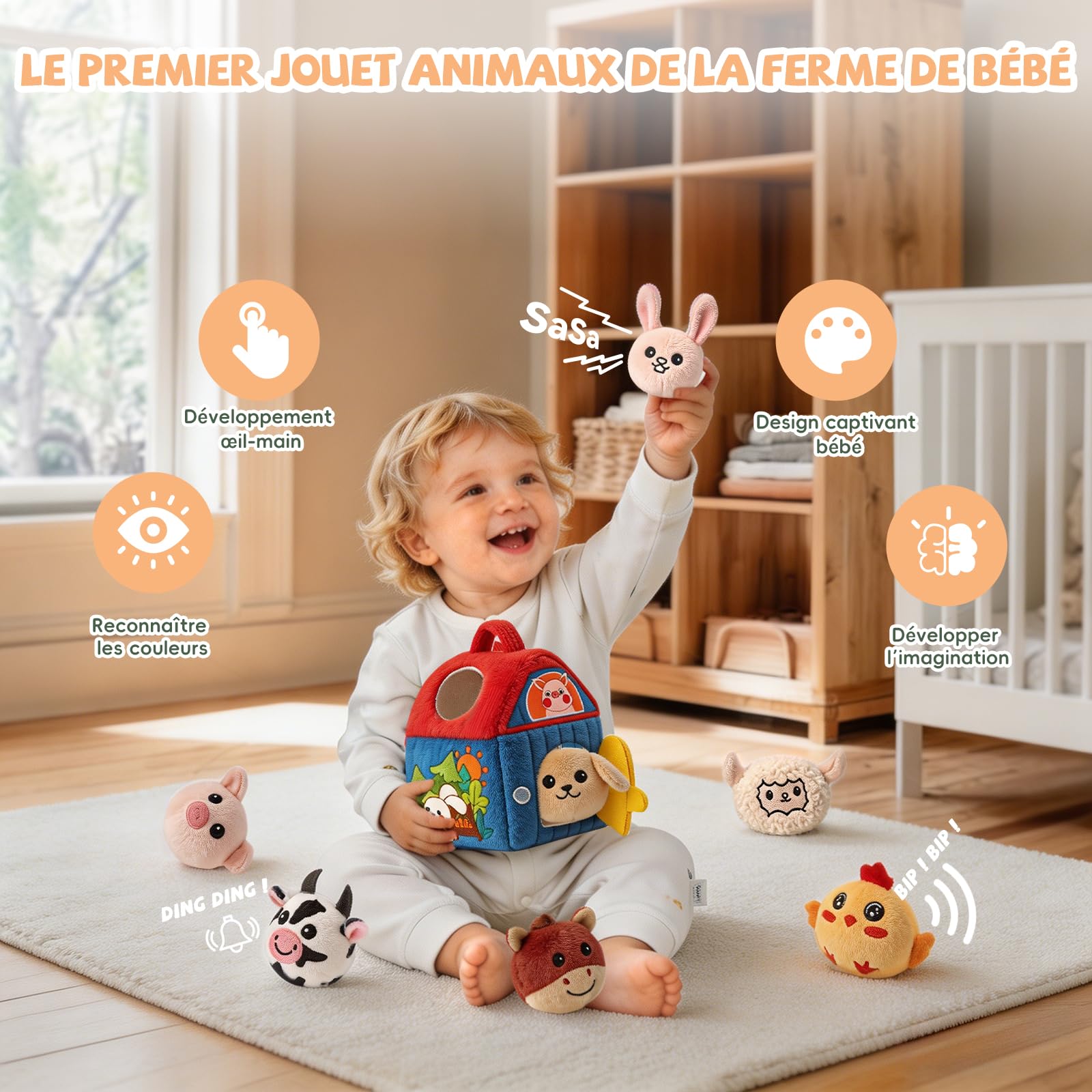 SAIMAND Jouet Bebe Animaux de la Ferme en Peluche, Jeux Sensoriel Montessori avec Grange, Hochets et Miroir, Jouet d’Éveil Bébé 0-3-6-9-12 Mois, Cadeau Bébé Enfant Garçon et Fille