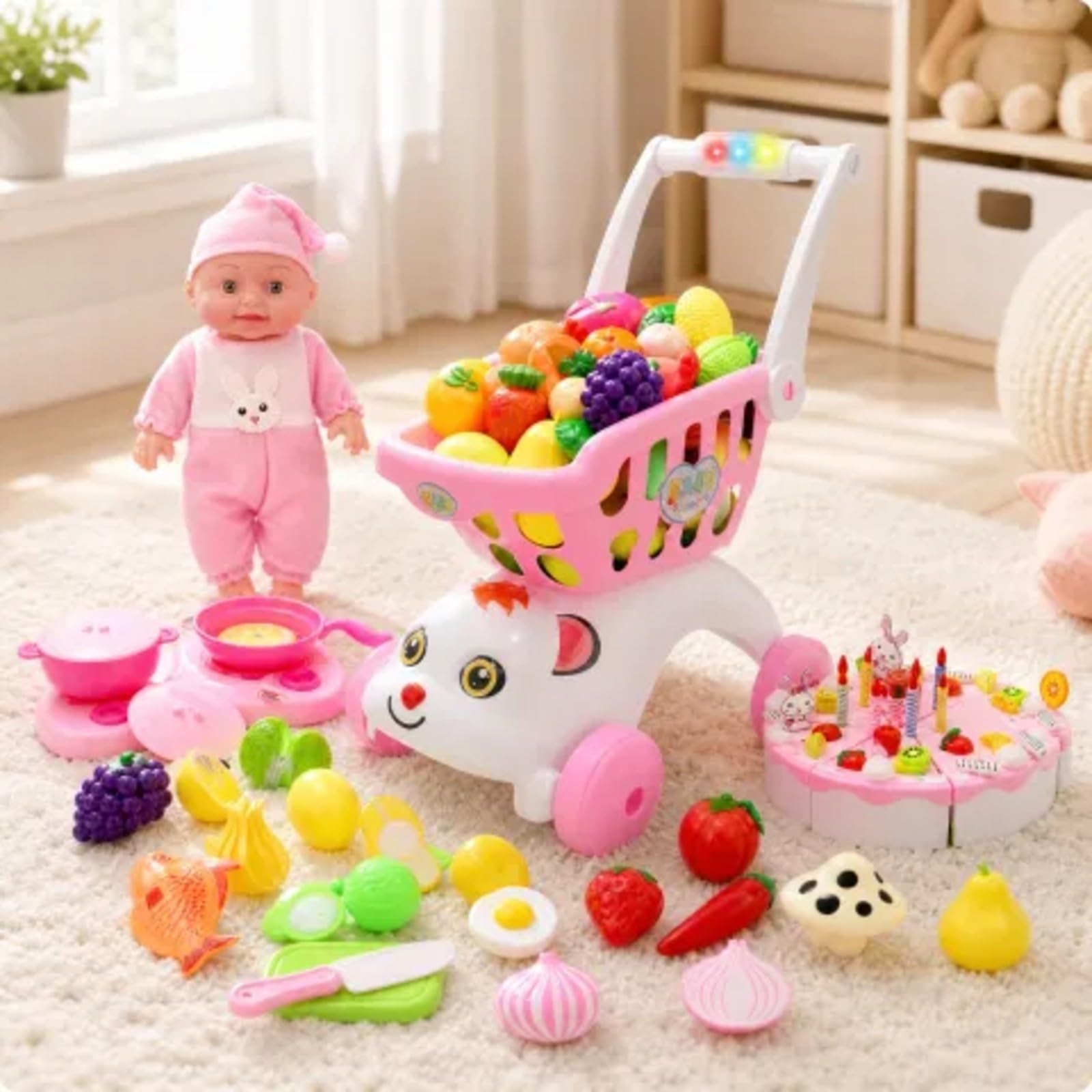 Carrello Spesa Giocattolo Sicuro Carrello Giocattolo con Prodotti Ortofrutticoli Finte Idea Regalo per Bambini, Gioco al Chiuso,