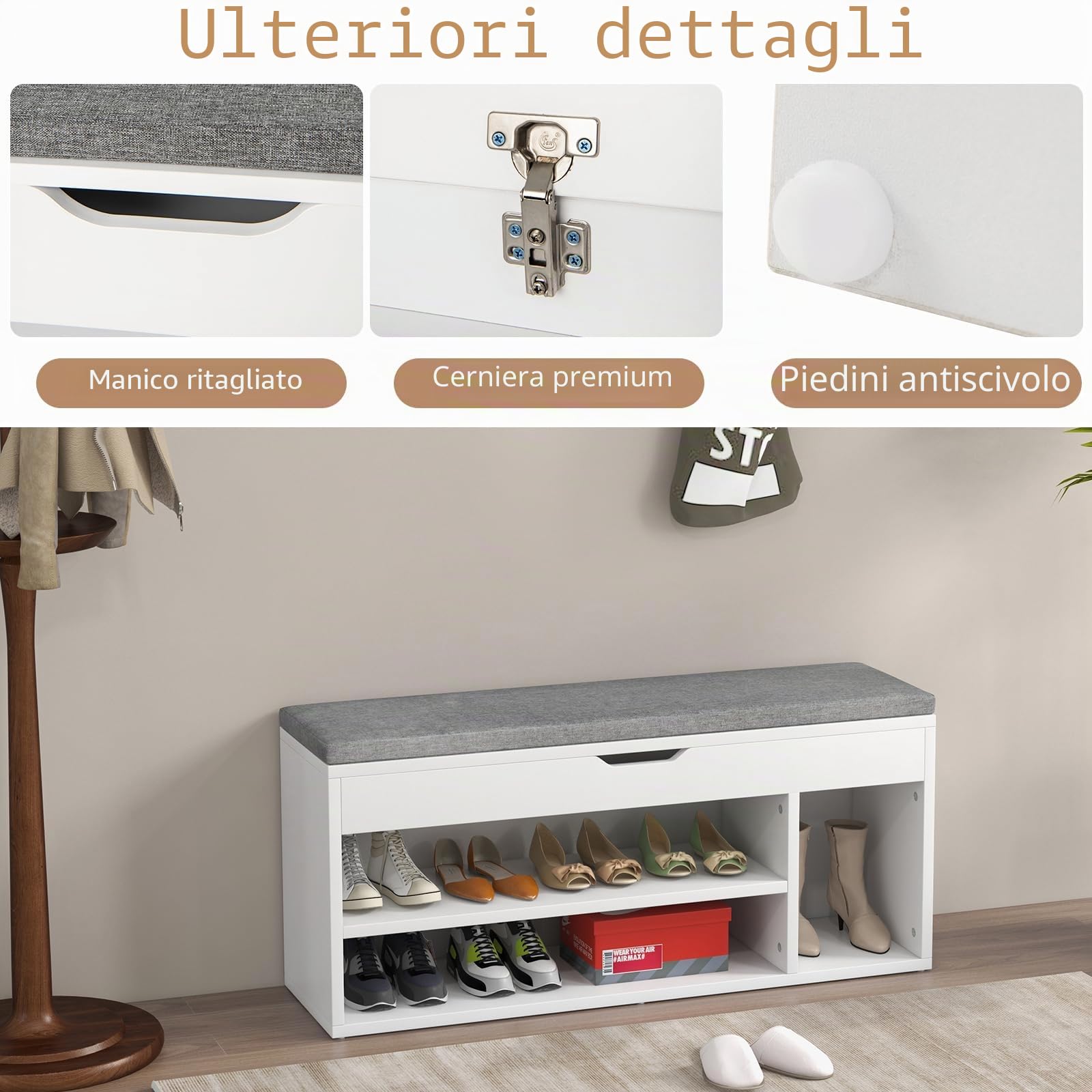 HOMASIS Scarpiera con Seduta Imbottita, Cassapanca Contenitore da Interno in Legno, Scaffale Portascarpe con 3 Scomparti e Cassetto per Ingresso, Corridoio, 104 x 30 x 48 cm (Grigio e Bianco)