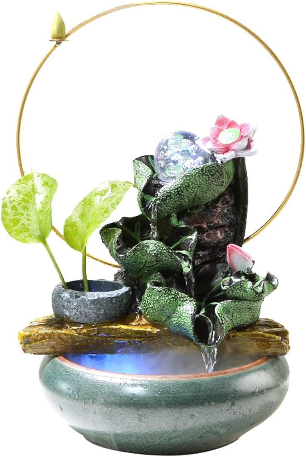 Fuente de Agua de Cascada de relajación pequeña, Fuente de Agua de 3 Niveles con Bola LED en la Parte Superior, Fuente de Feng Shui para Interiores y Exteriores, Lotus de 14,6 Pulgadas