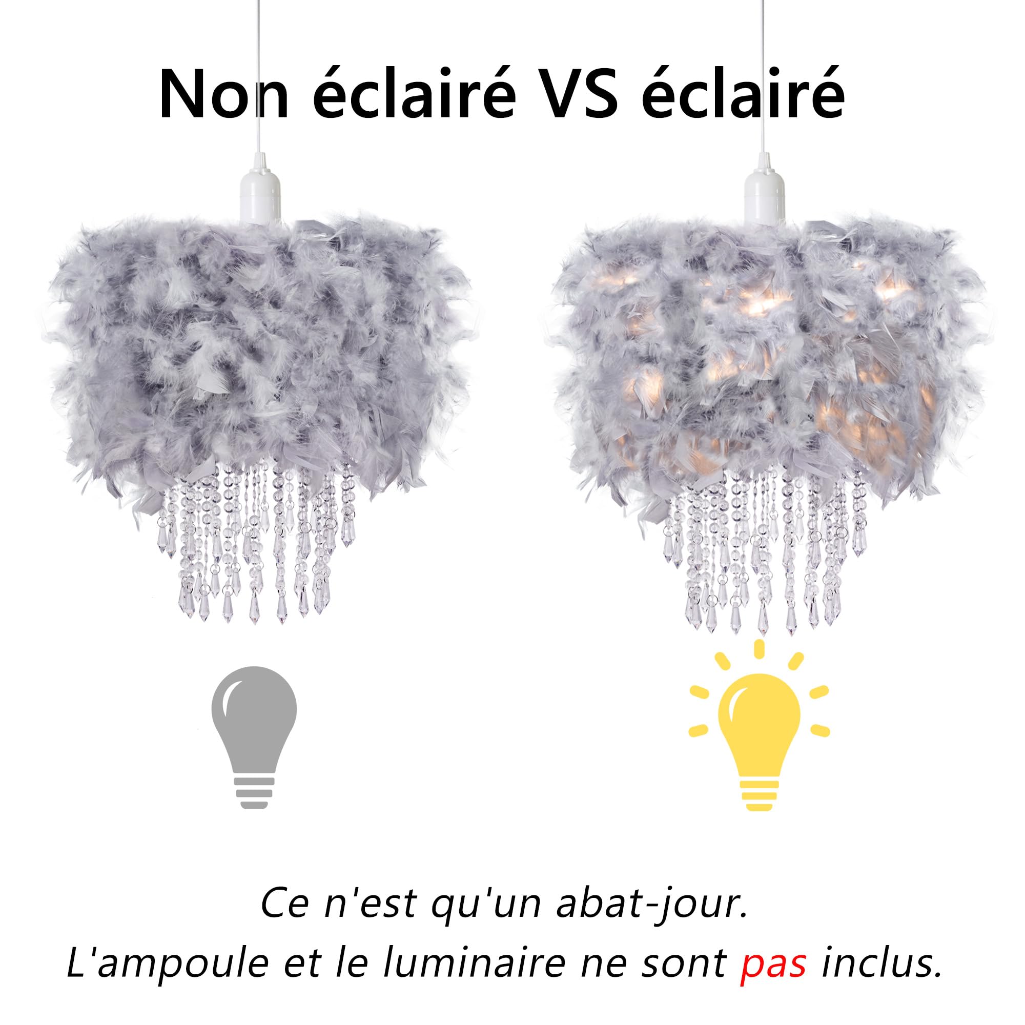 Waneway Abat-jour Plume Luxe Avec Perles D'Acrylique Cristallines – Effet Lumineux Magique Pour Lampe Plafonnier, Suspension, Lustre Ou Lampe De Chevet, Blanc Élégant