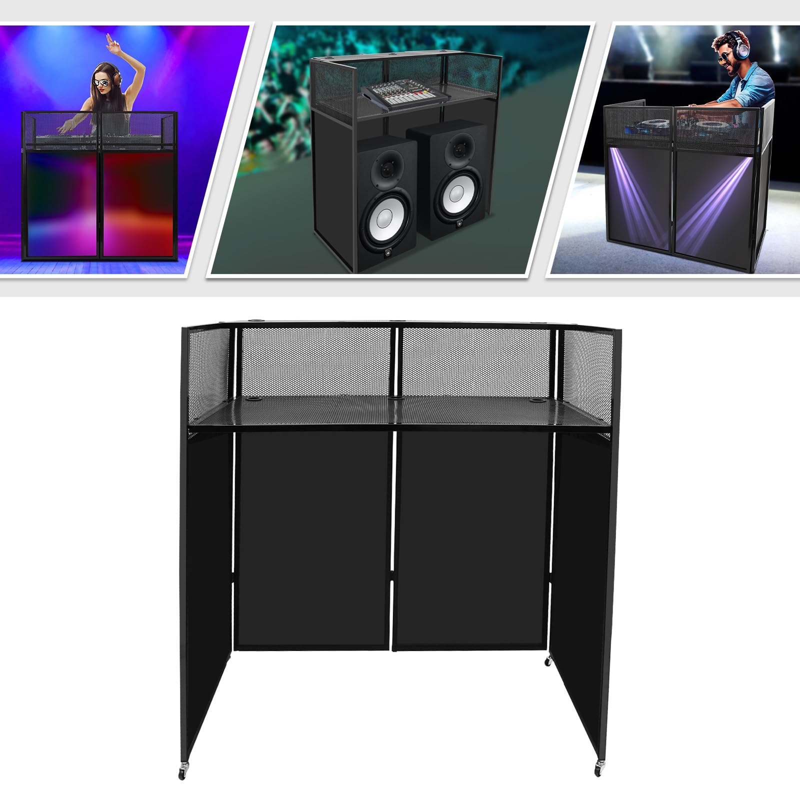 DJ Booth Facade Table Station, Two-position Foldable Metal Frame DJ Booth Panel with White/Black Scrims for Show, Party, Gathering, 47.6