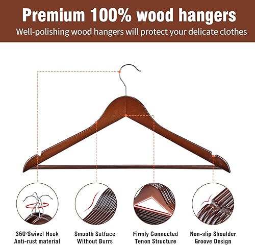 Miniatura 3 de Perchas de madera con gancho giratorio de 360 grados, acabado natural liso y perchas de madera duraderas, perchas resistentes para ropa, chaquetas,