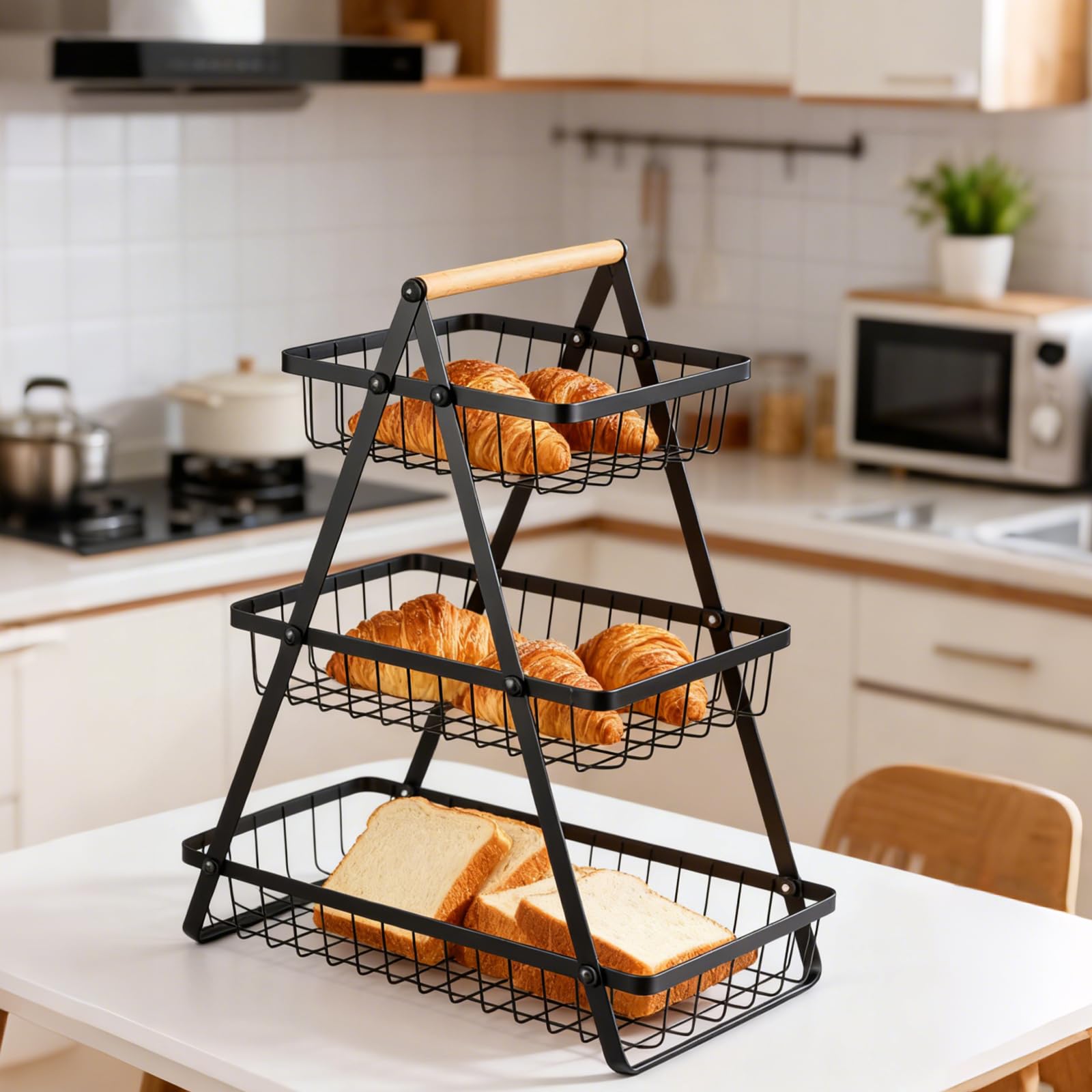 CROWNSHOP 2-Tier Fruit Basket Fruit Bowl Holder Bread Basket Vegetable Rack Detachable Holder for Home Kitchen Office (Black 3)