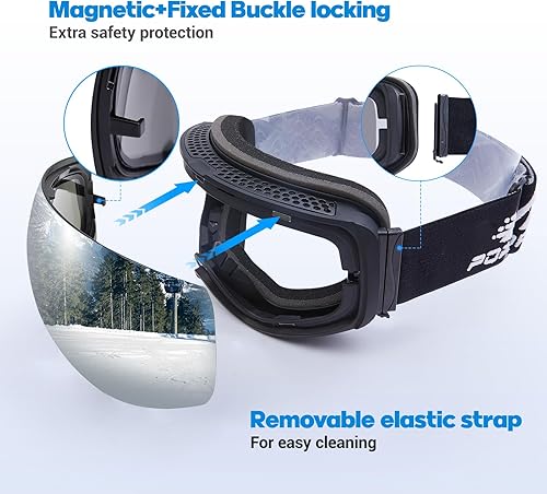 Miniatura 2 de POPOACTI Gafas de esquí OTG Snowboard Gafas de nieve con protección magnéticaantivaho y UV400, lente HD sin marco, para hombres, mujeres y jóvenes